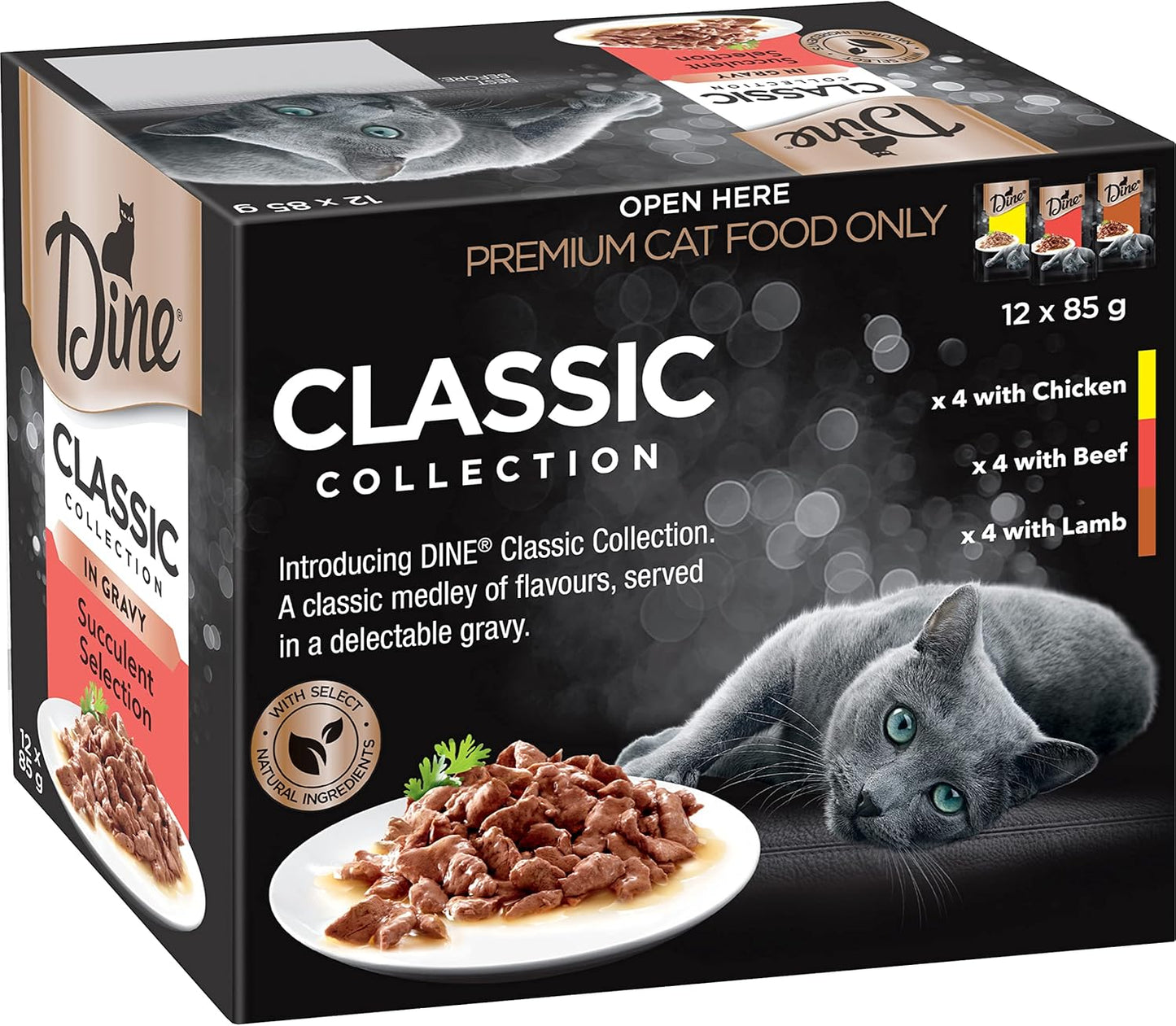 DINE Classic Collection Adult Wet Cat Food Succulent Selection in Gravy 12 x 85g, 5 Pack (60 Pouches)