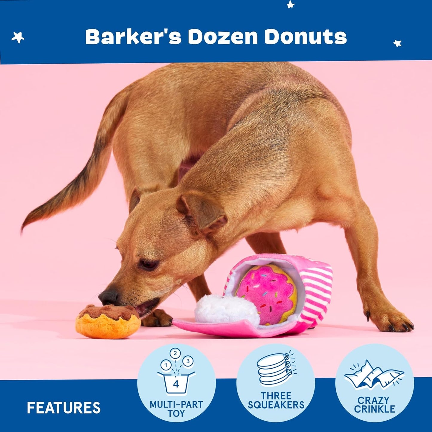 Barkbox Barker’s Dozen Donuts Plush 4-in-1 Dog Toy – Squeaky, Crinkly Donut Box & Plush Donuts for Medium & Large Dogs