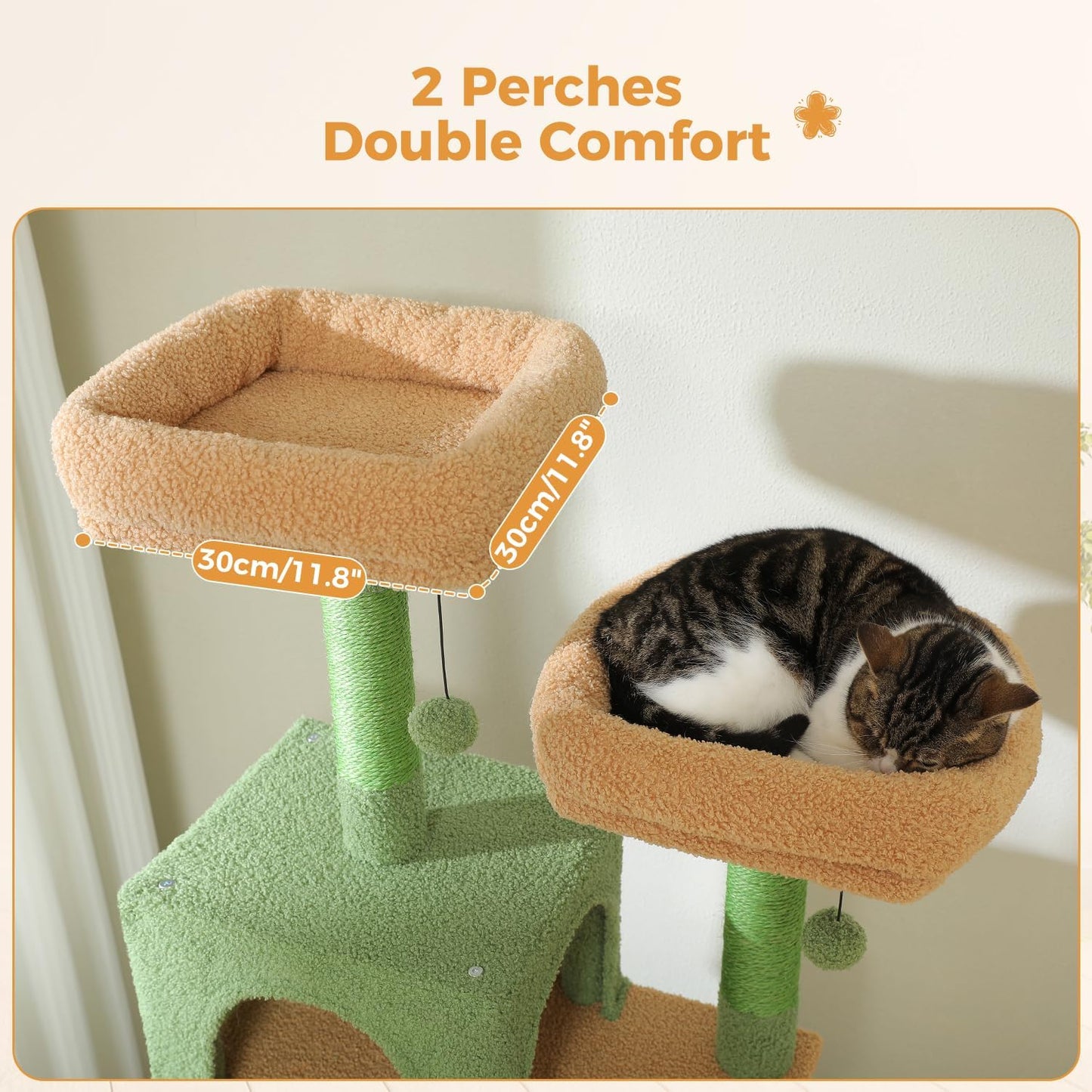 PAWZ Road 184cm Cat Tree with Sisal-Covered Scratching Posts and Pads, Cat Tower for Large Cats with Spacious Hammock, Dual Condos and 2 Padded Perches Green