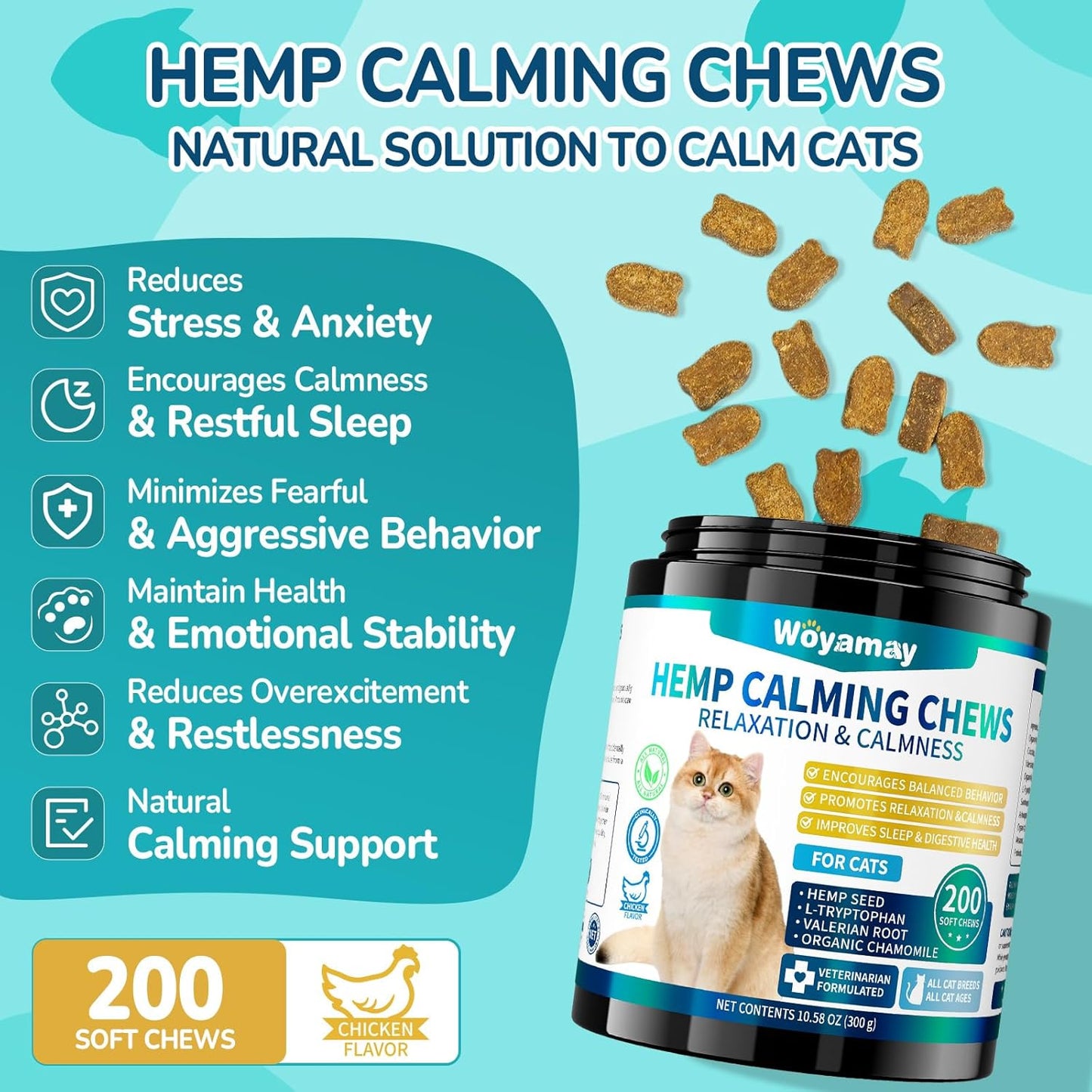 Cat Calming Chews, 200 Treats Calming Treats for Cats for Anxiety & Stress Relief