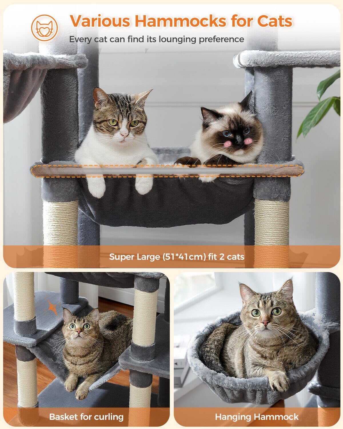 PAWZ Road Multi-Level Cat Tree 175cm With Super Large Hammock (50 * 40cm), Tall Cat Tower for Large Cats With Scratching Posts, Cat Condo and Top Perch Dark Grey