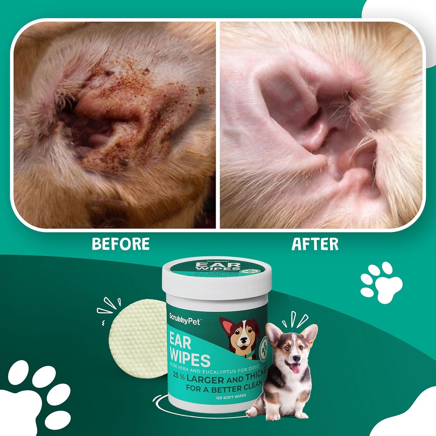 Dog Ear Wipes for Dogs | Extra Thick with Aloe Vera & Eucalyptus | 125 Count | Hypoallergenic