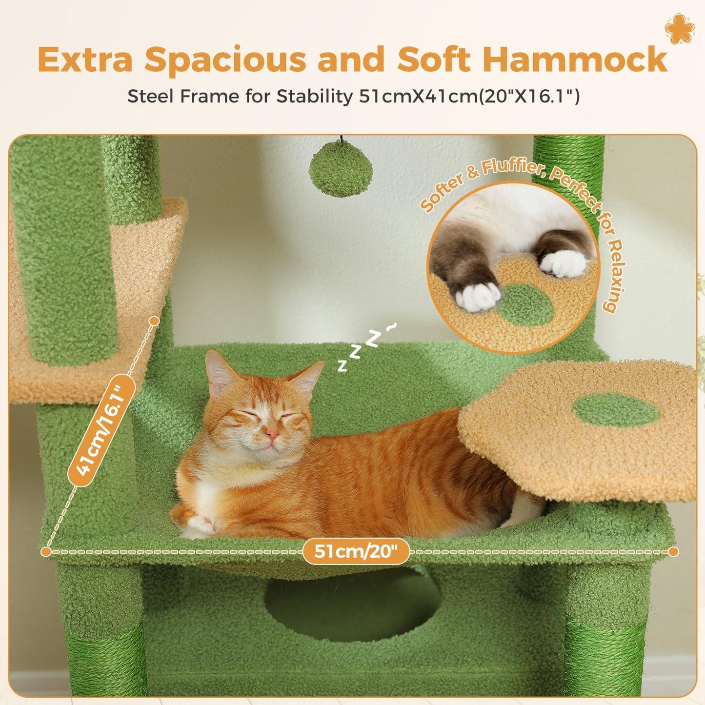 PAWZ Road 184cm Cat Tree with Sisal-Covered Scratching Posts and Pads, Cat Tower for Large Cats with Spacious Hammock, Dual Condos and 2 Padded Perches Green