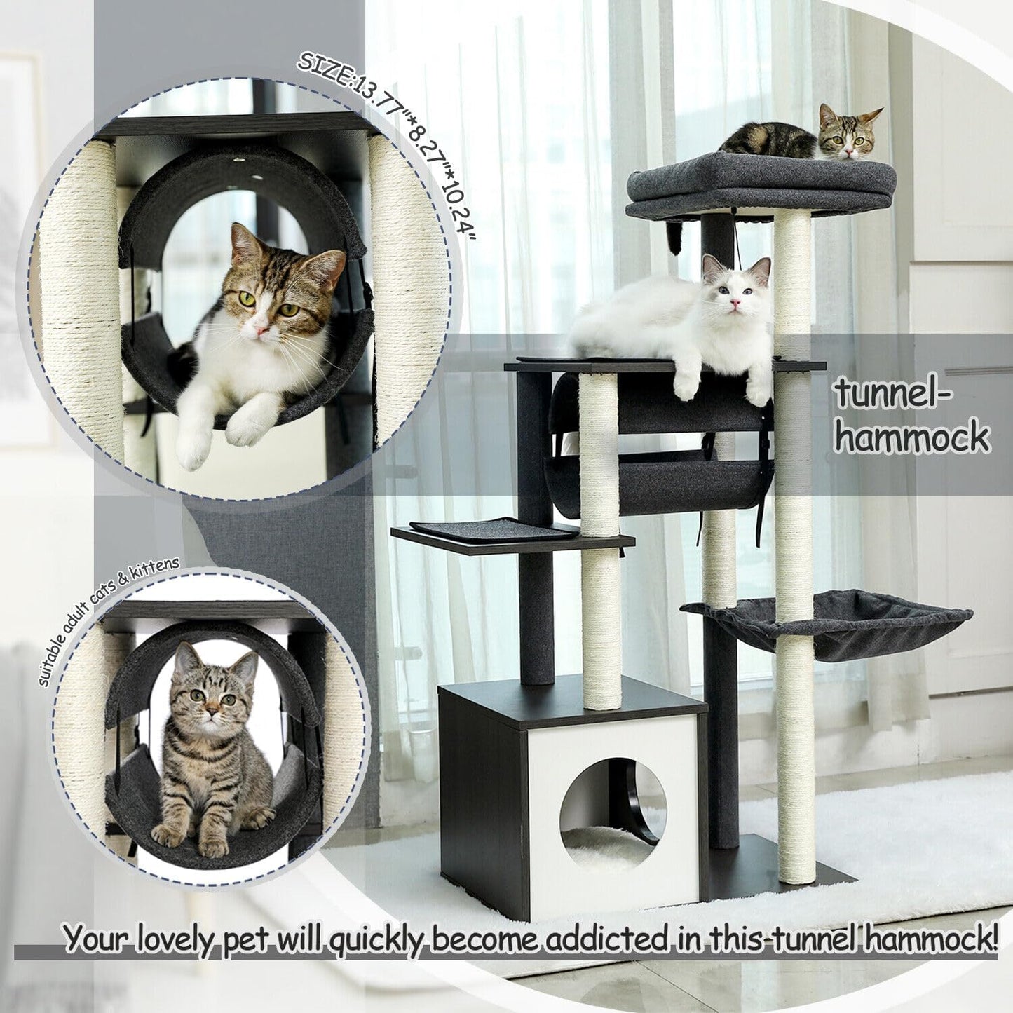PAWZ Road Cat Tree Cat Scratching Post with a Large Hammock Play Tower, Play Tunnel Wooden Furniture Cat Stand 130cm Grey