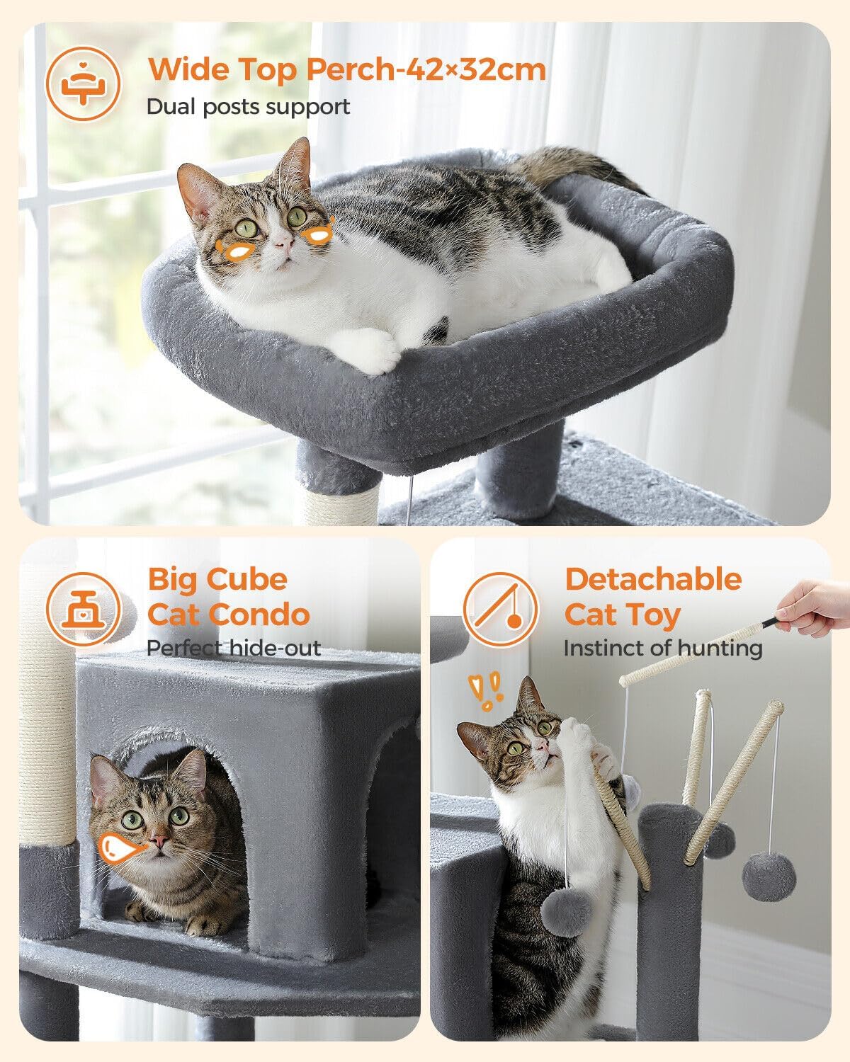 PAWZ Road Multi-Level Cat Tree 175cm With Super Large Hammock (50 * 40cm), Tall Cat Tower for Large Cats With Scratching Posts, Cat Condo and Top Perch Dark Grey
