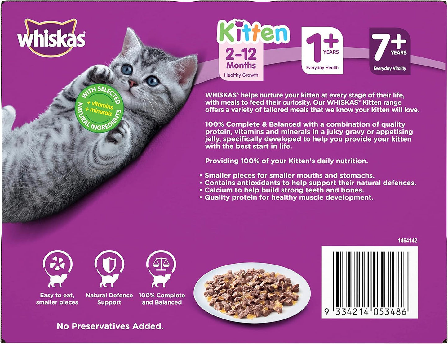 WHISKAS Kitten 2-12 Months Wet Cat Food with Mixed Favourites in Jelly 12 x 85g, 5 Pack (60 Pouches)