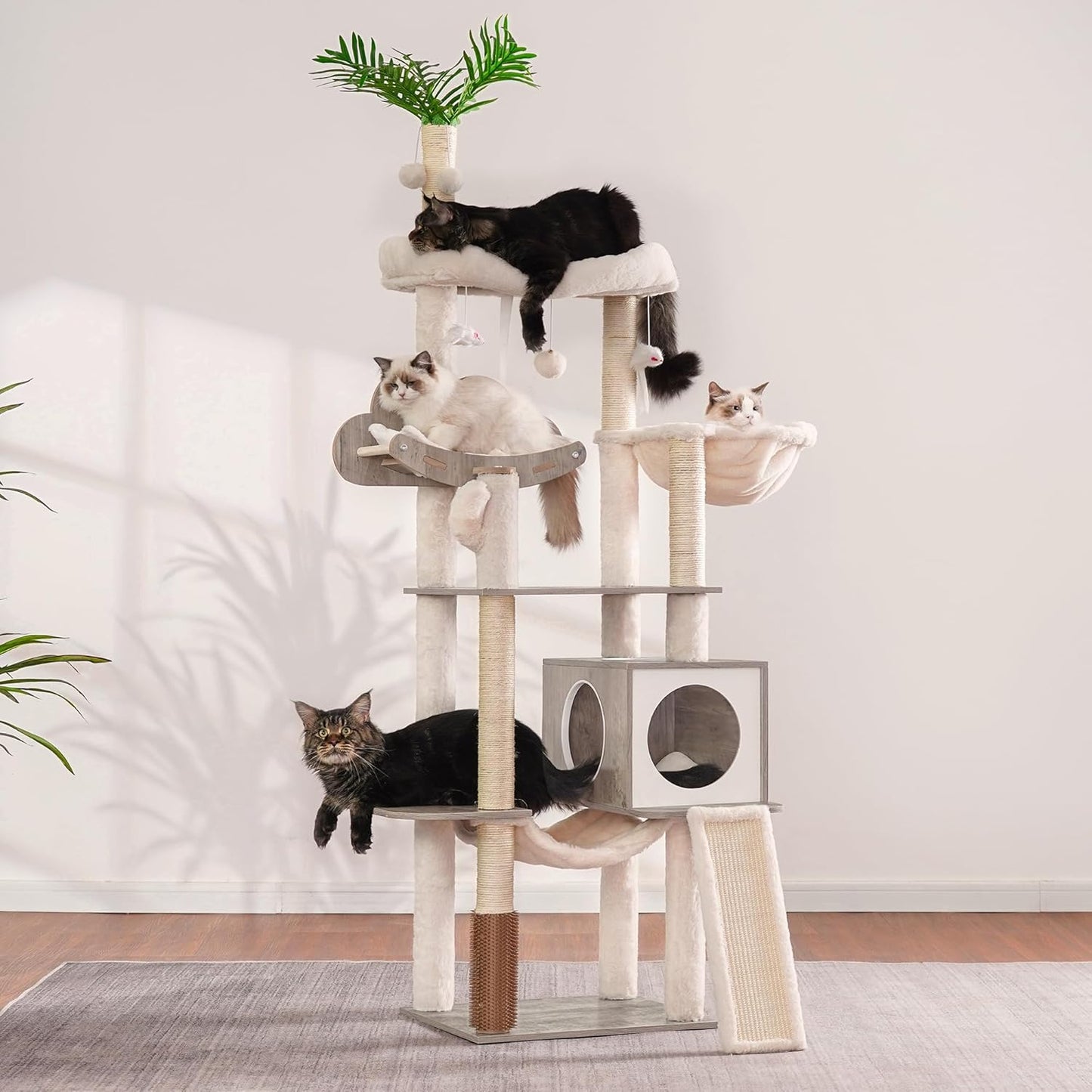 Heybly Wood Cat Tree for Indoor Cats, Cat Condo for Large Cats with Self Groomer