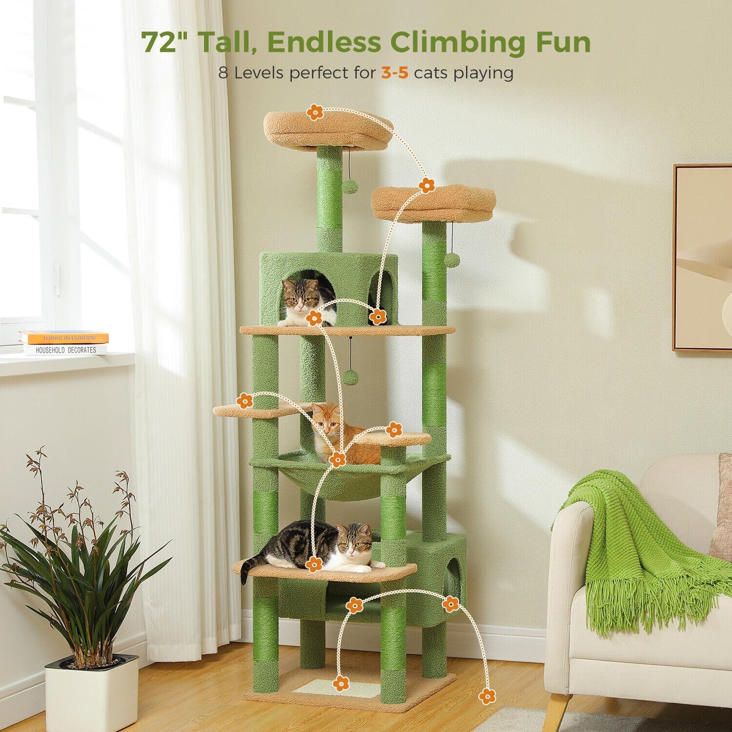 PAWZ Road 184cm Cat Tree with Sisal-Covered Scratching Posts and Pads, Cat Tower for Large Cats with Spacious Hammock, Dual Condos and 2 Padded Perches Green