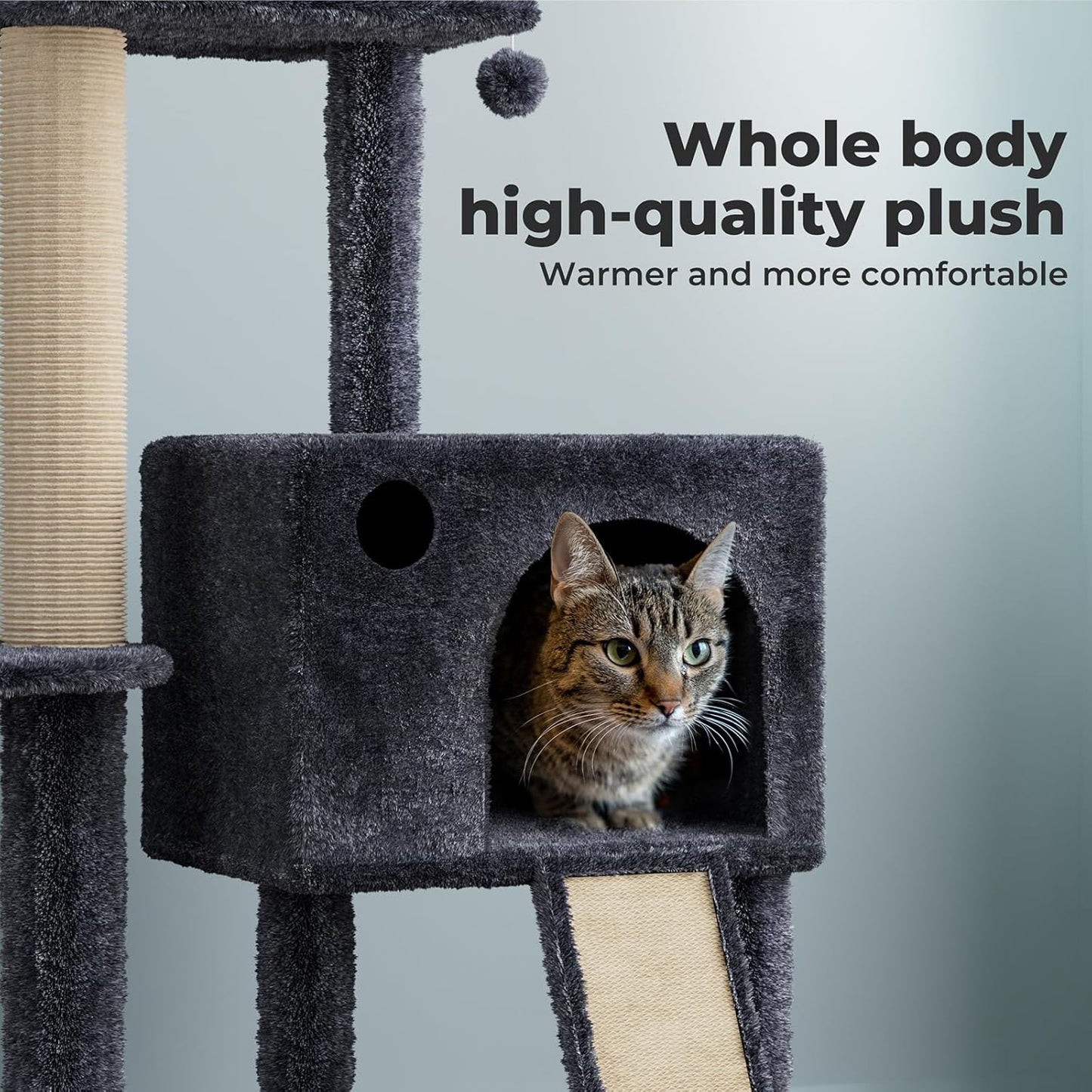 Pawz Large Cat Tree Tower Condo for Indoor Cats, Scratching Post, Soft Plush Multi-Level Climbing Tree, Activity Center, Cat Condo and Big Hammock, House, Dangling Ball, Adjustable Height 230CM-275CM