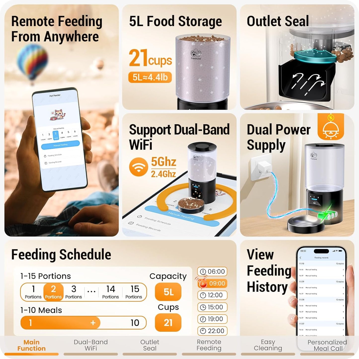 Frienhund Automatic Cat Feeder with 5G WiFi: Automatic Dog Feeder with 5L