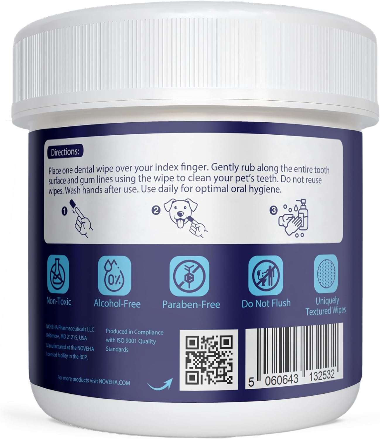 NOVEHA Pets Dental Finger Wipes for Dogs & Cats (50 pcs, Flavor-Free)
