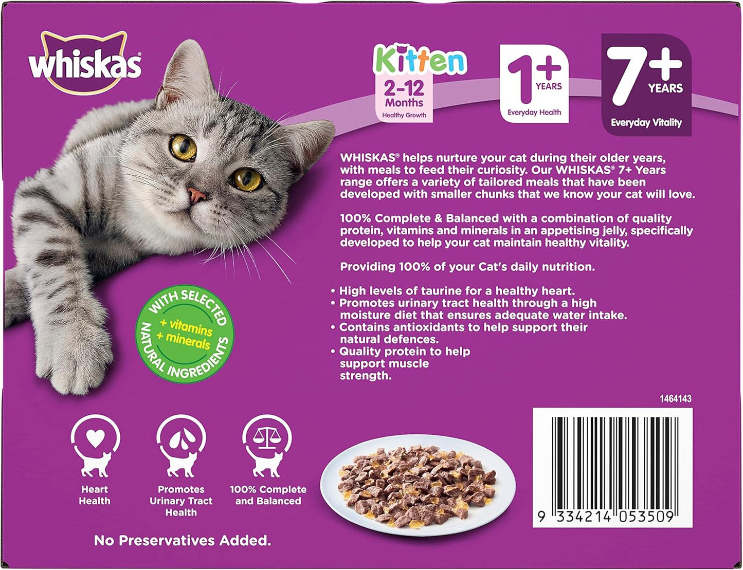 WHISKAS 7+ Years Wet Cat Food with Mixed Favourites in Jelly 12 x 85g, 5 Pack (60 Pouches)