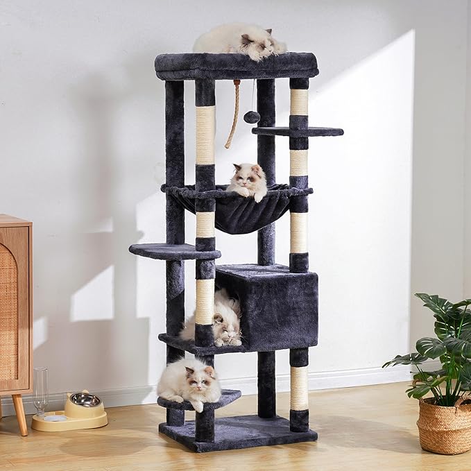 Heybly HCT050G Cat Scratching Post with Blankets for Large Cat Tree Large Platforms Cave 50 x 50 x 153cm Smoke Grey