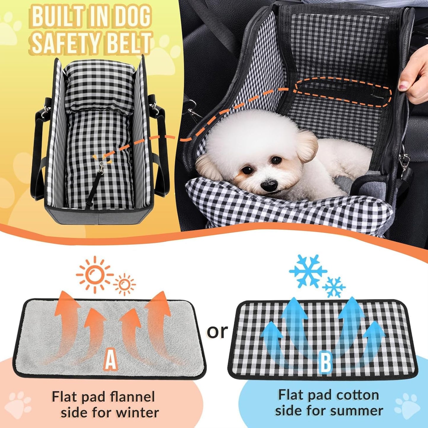 HOMKAI Dog Car for Dogs, Portable Pet Backpack with Safety Belt and Dual-Sided Mat