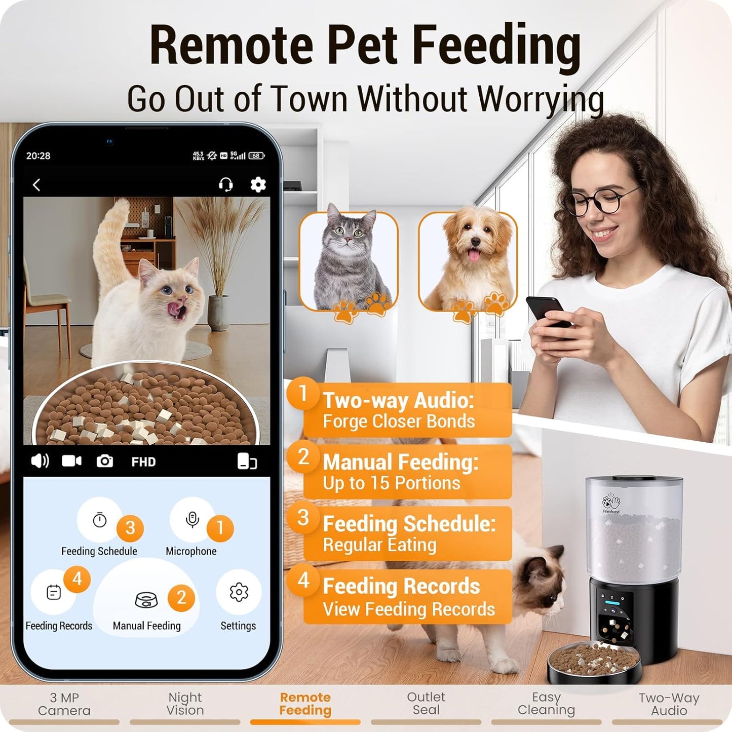 Frienhund Automatic Cat Feeder with 2K HD Camera: 5G WiFi Automatic Dog Feeder