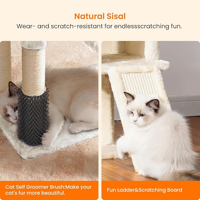 Heybly Cat Tree with Cat Self Groomer Brush, Cat Tower Condo for Indoor Cats with Padded Plush Perch,Beige