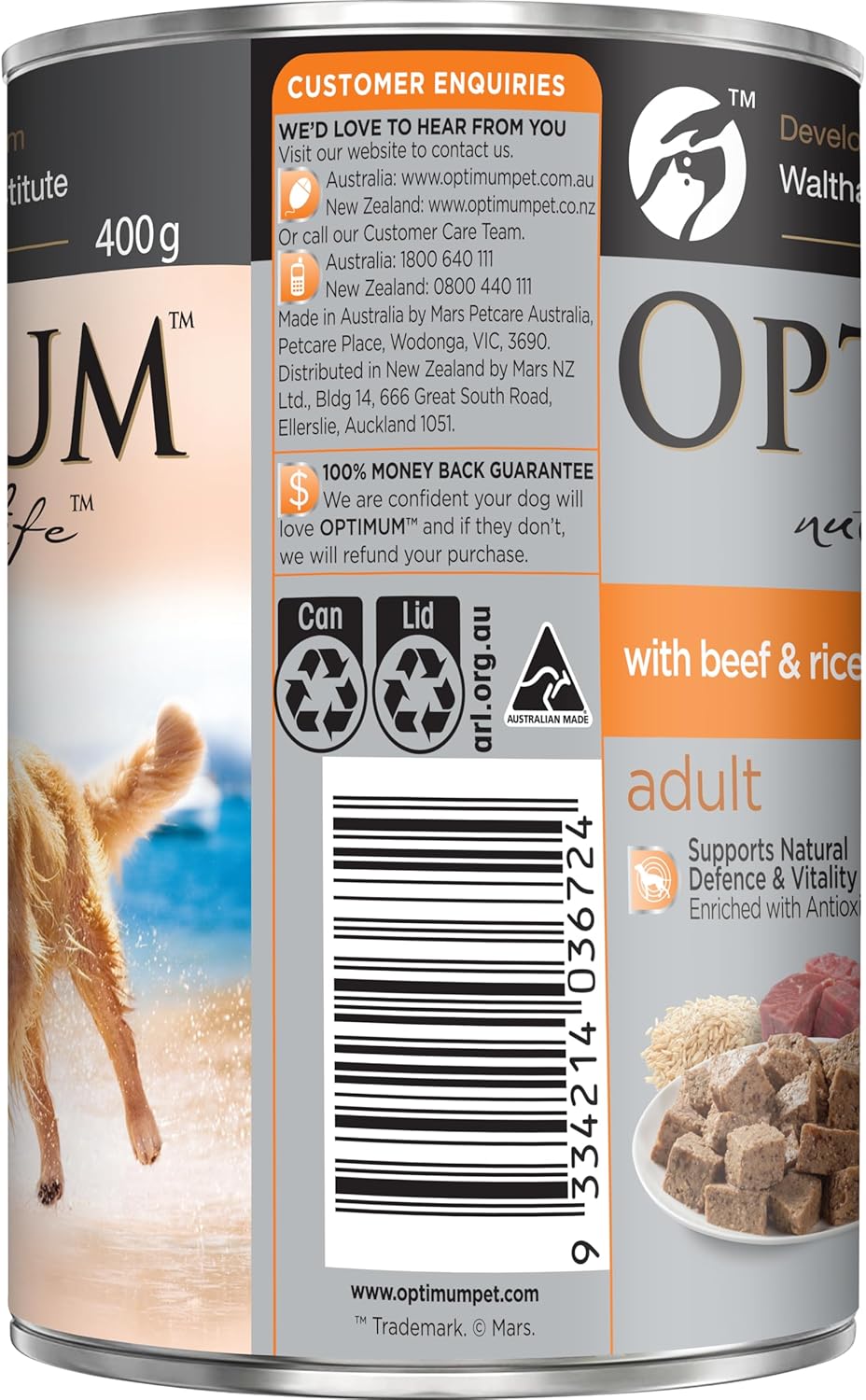 OPTIMUM DOG Beef and Rice Wet Dog Food, Adult, 400g Can (Pack of 24)