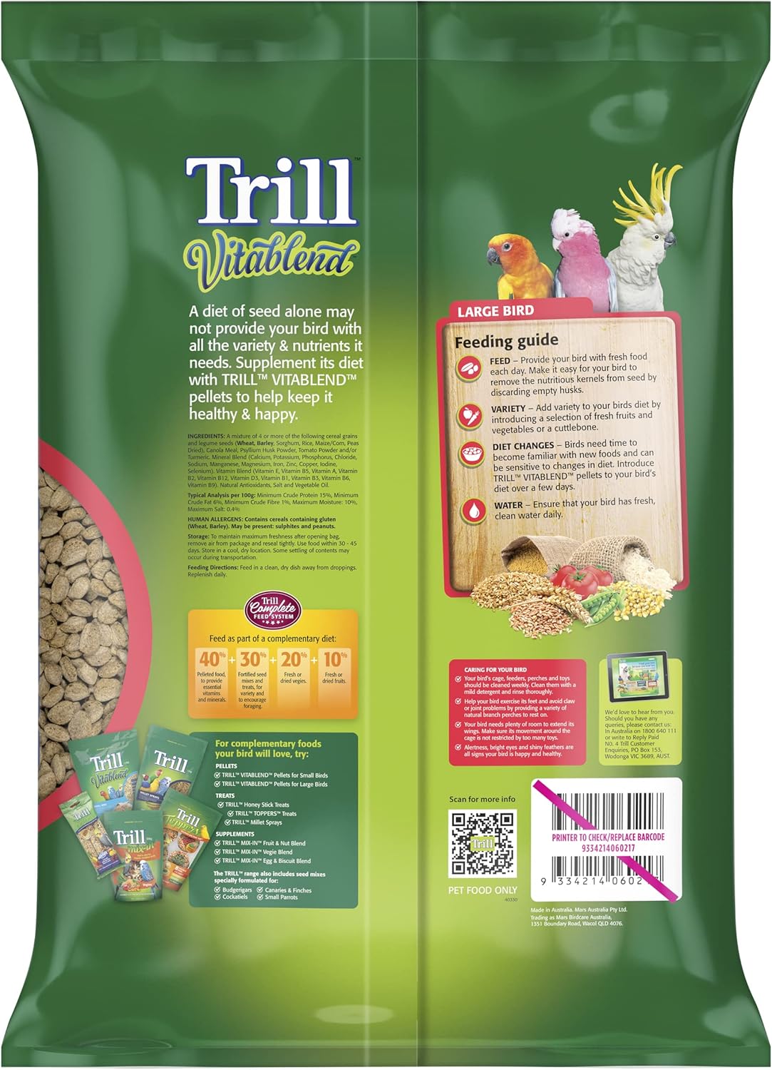 Trill Vitablend Large Bird Food 6kg, Pellets