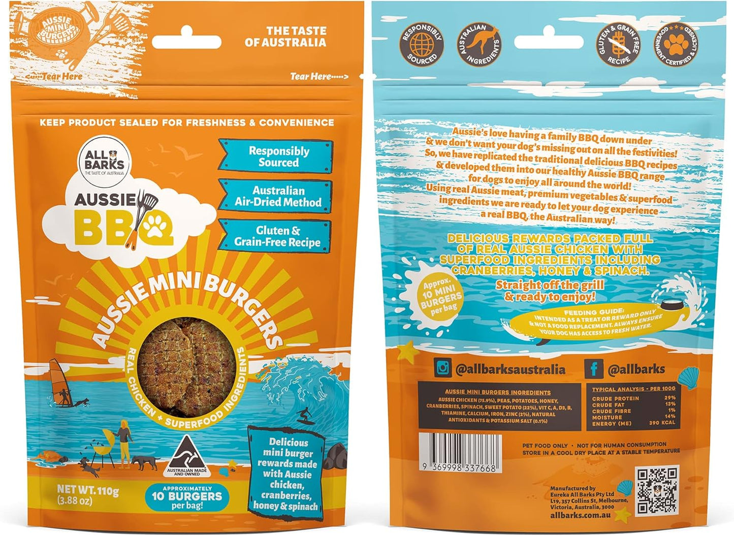 Aussie Mini Burgers - 100% Aussie Chicken & Superfood Ingredients - Natural, Grain-Free Dog Treats - Snacks, Training or Rewards for Dogs - 110g