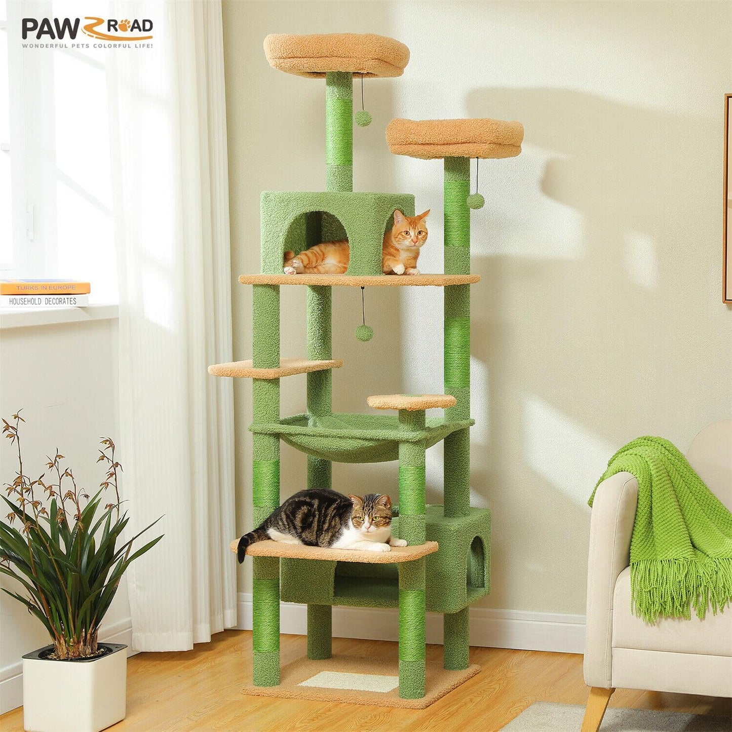 PAWZ Road 184cm Cat Tree with Sisal-Covered Scratching Posts and Pads, Cat Tower for Large Cats with Spacious Hammock, Dual Condos and 2 Padded Perches Green