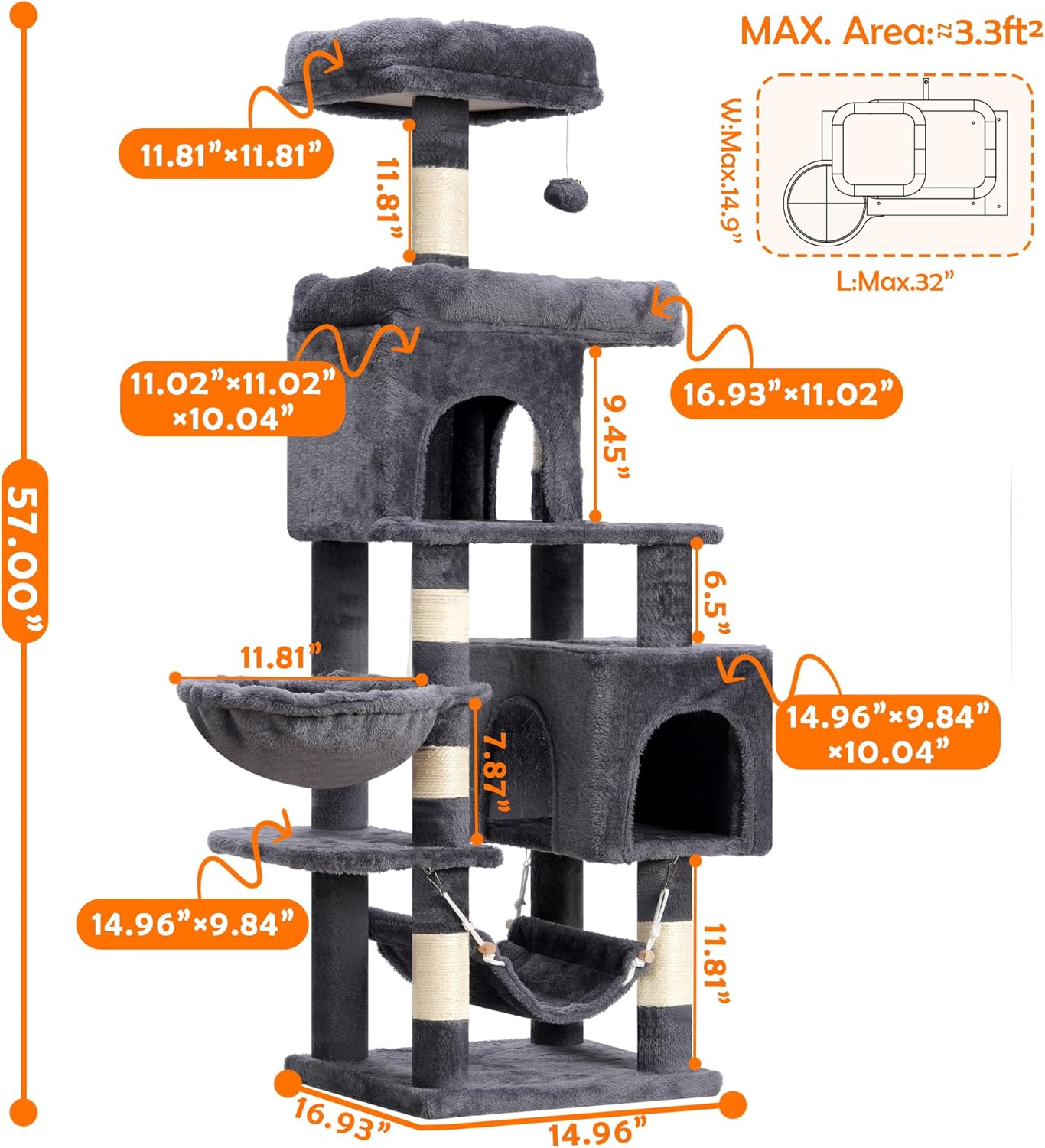 Heybly Cat Tree with Large Platform, Multi-Level Cat Tower with 2 Caves