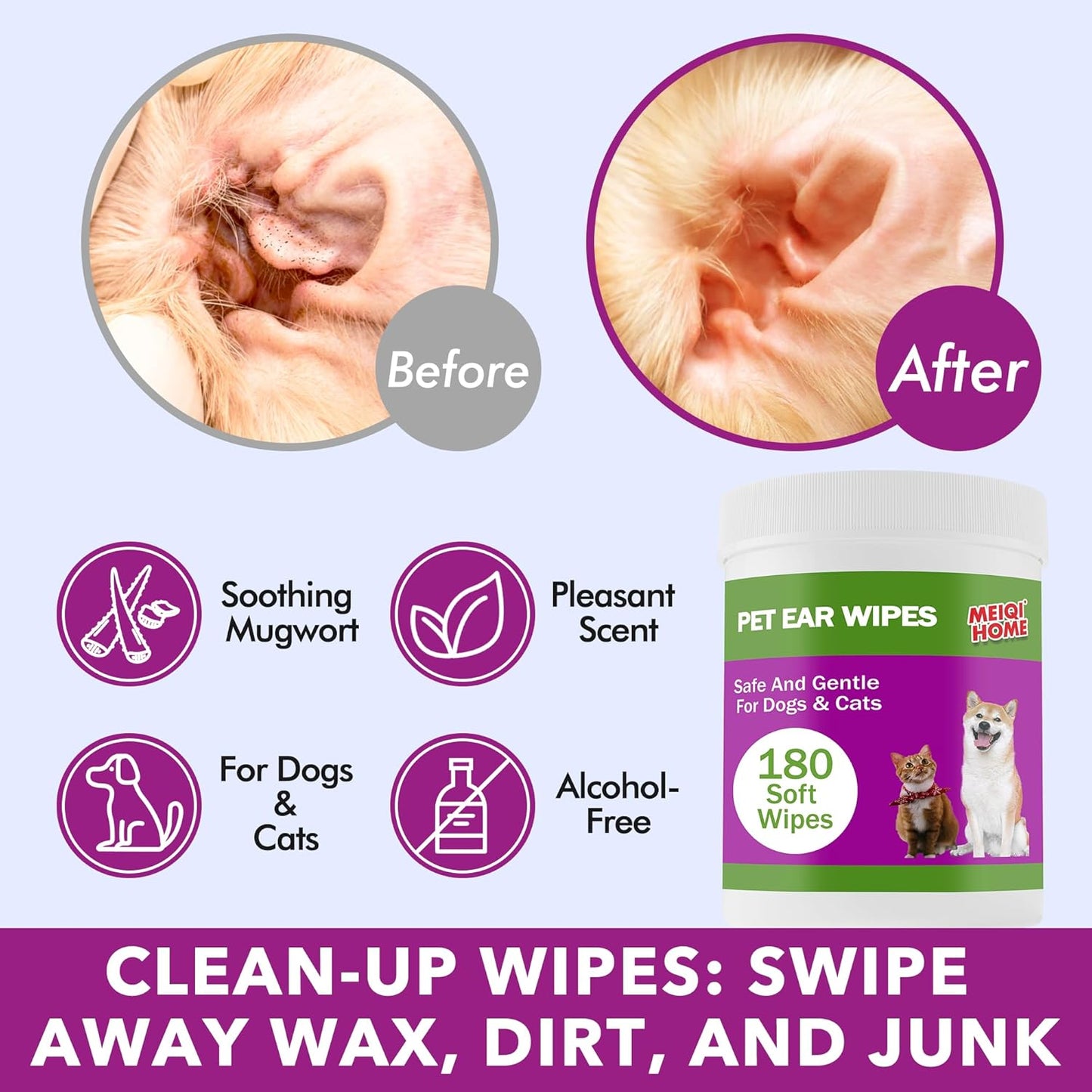 180 Count Dog Ear Cleaner Wipes ,Dog Ear Wipes ,Gently Remove Ear Wax, Debris