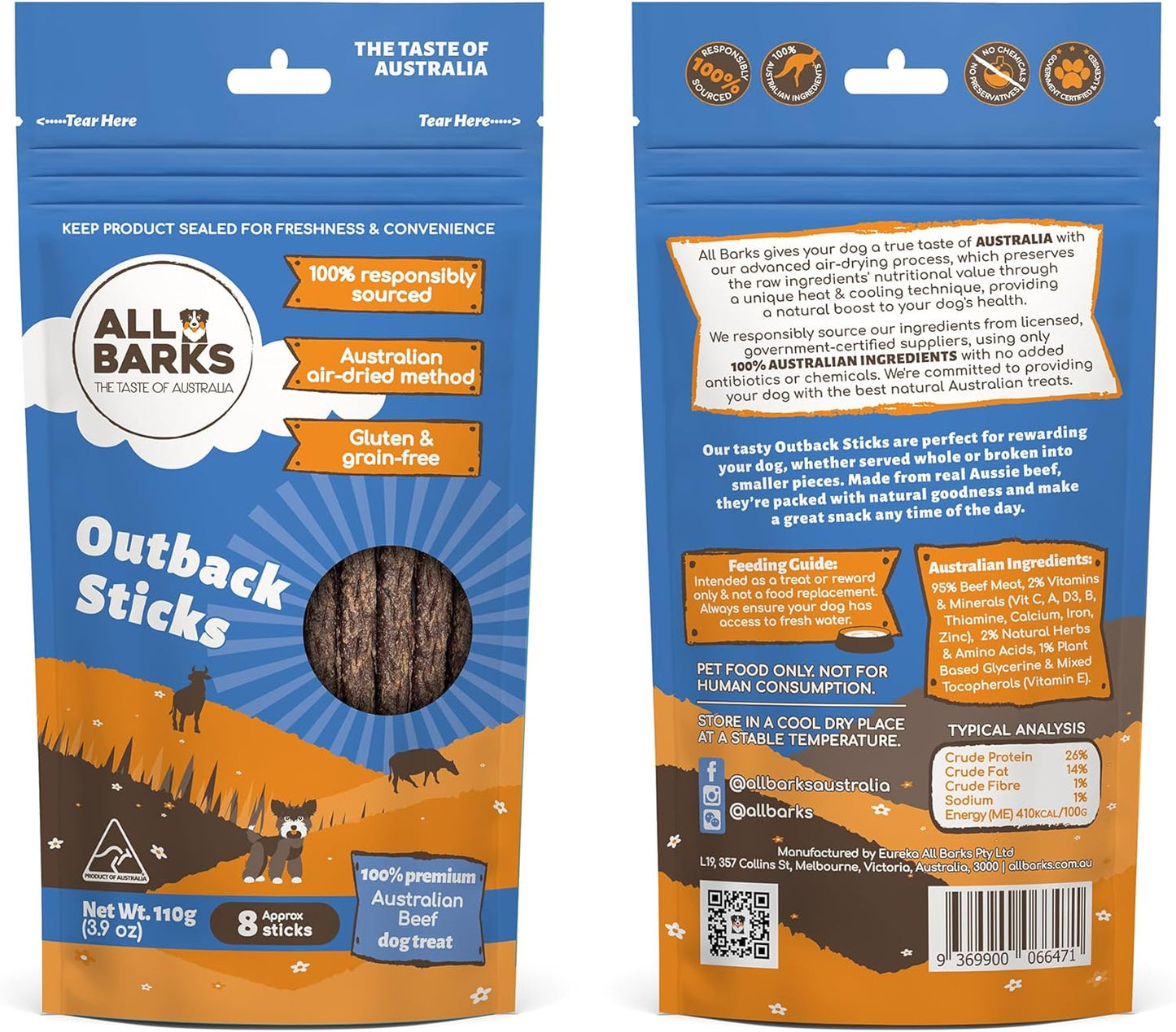 Outback Sticks - 100% Real Aussie Beef - Natural, Grain-Free, Australian Dog Treats - Snacks, Treats & Rewards for Your Dog - 110g - Approx 8 Sticks per Bag