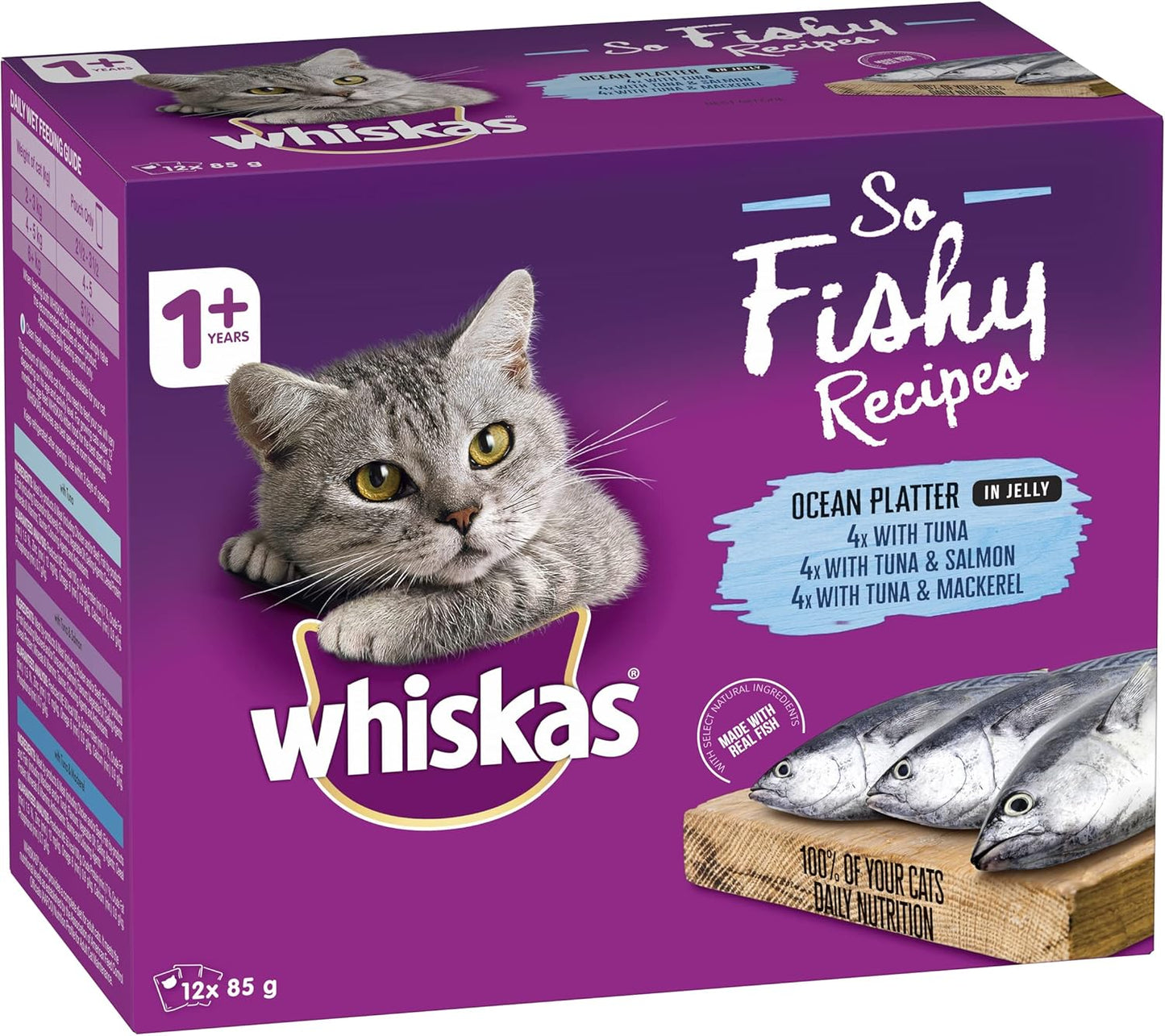 WHISKAS So Fishy Recipes 1+ Years Wet Cat Food Ocean Platter in Jelly 12 x 85g, 5 Pack (60 Pouches)