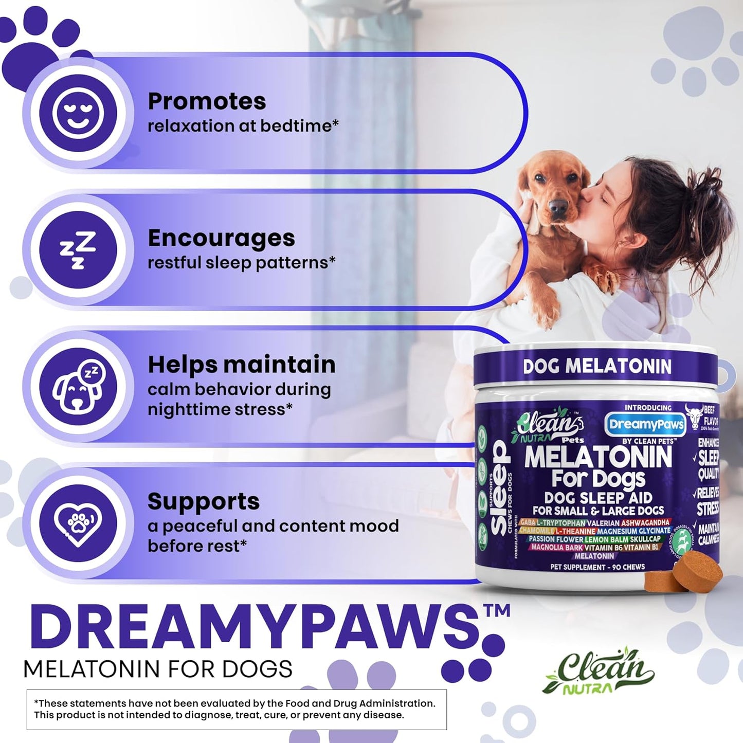 Dreamy Paws Melatonin for Dogs Dog Calming Sleep Supplement