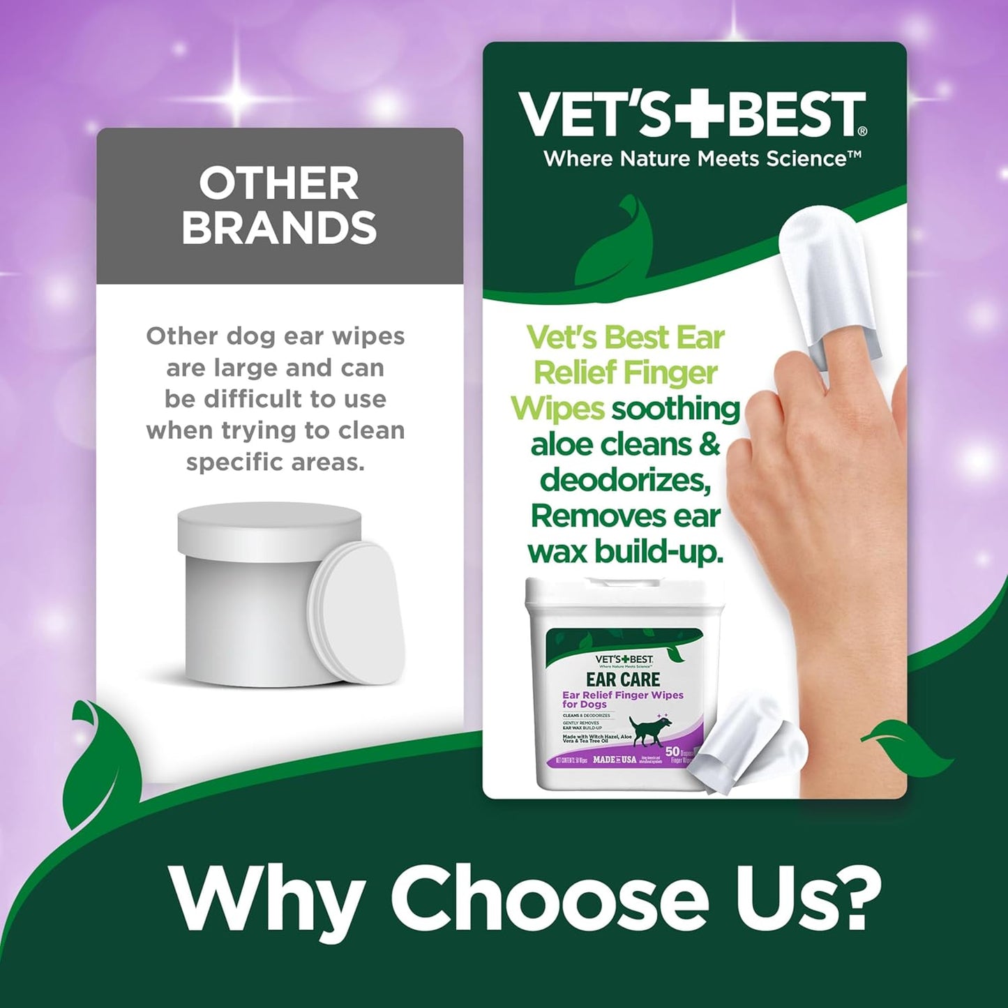 Vet's Best Ear Cleaner Finger Wipes for Dogs – Disposable Deodorizing Pads to Soothe Itchy Ears and Remove Odor – 50 Count