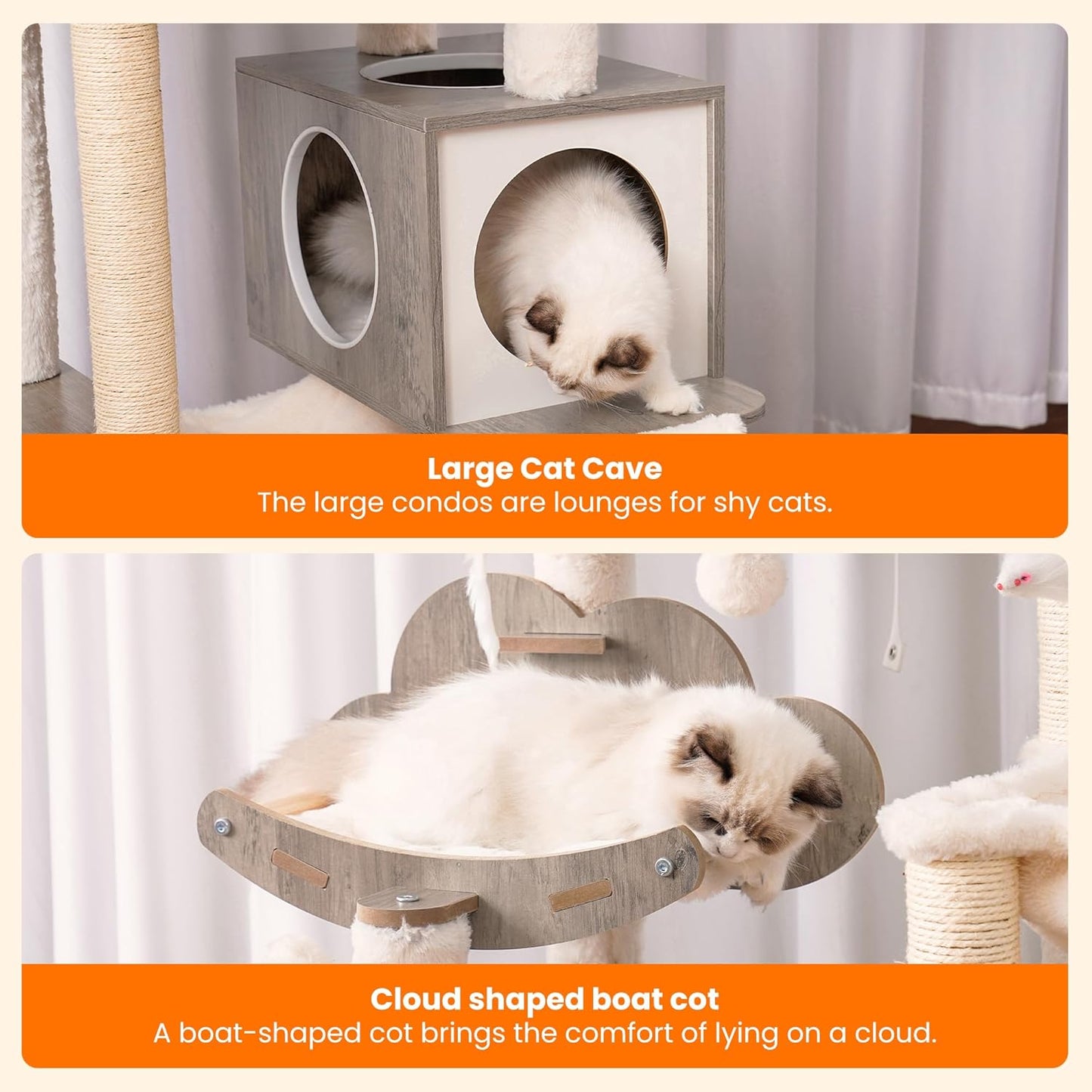 Heybly Wood Cat Tree for Indoor Cats, Cat Condo for Large Cats with Self Groomer