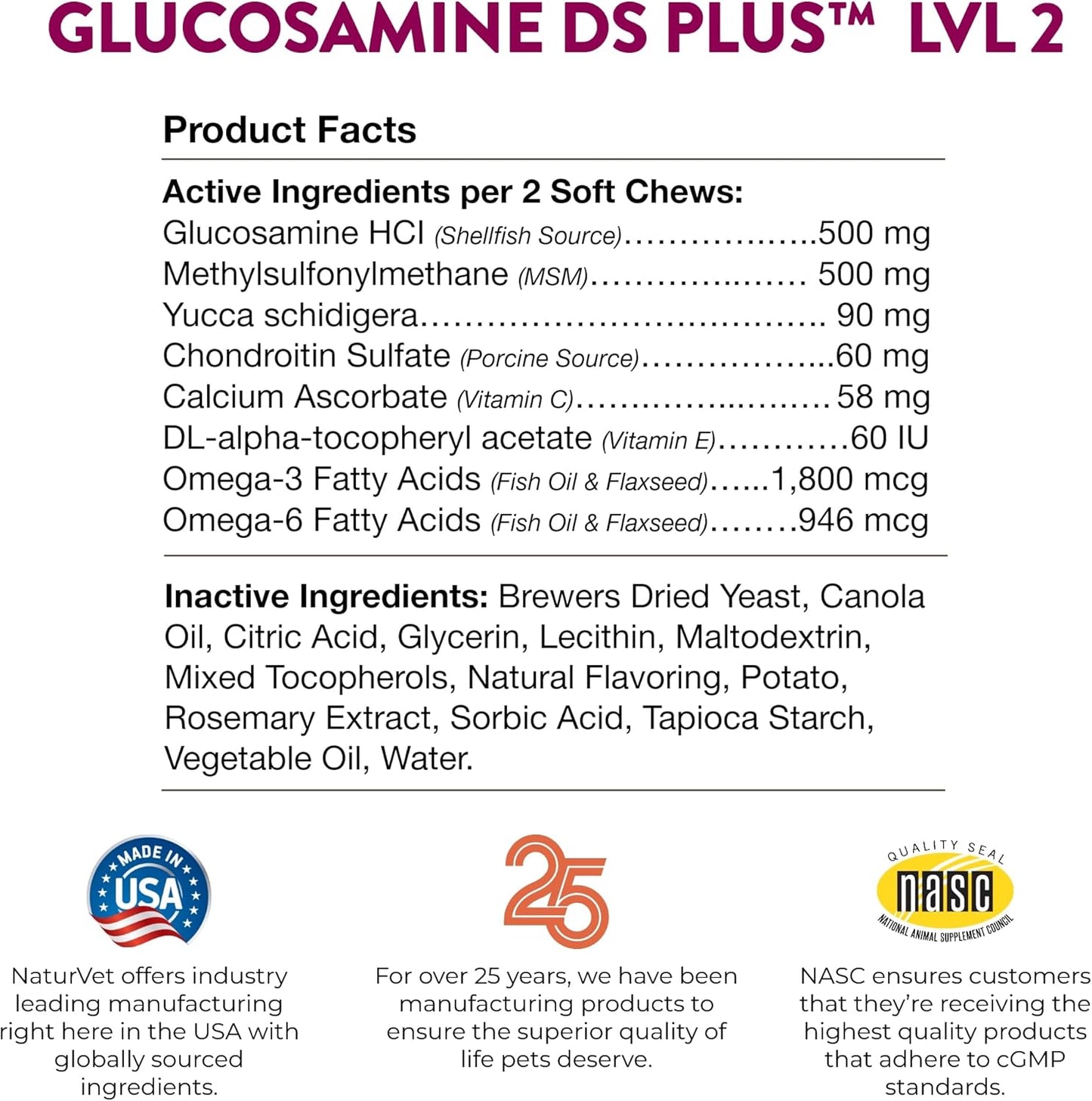 NaturVet Glucosamine DS Plus Level 2 Moderate Joint Care for Dogs and Cats, 120 ct Soft Chews, Made in USA