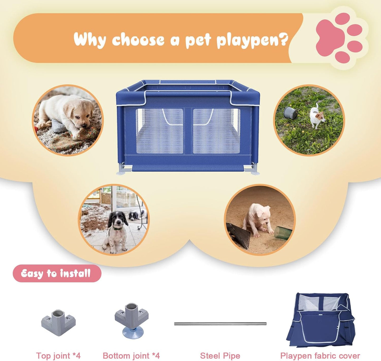 besuhot Dog Playpen 42 × 42 Inch, Puppy PlayPen with Gate for Puppies, Cat, Small and Medium Dogs, Pet PlayPen with Roof for Outdoors & Indoors, Tear Resistant Fabric, Safe & Sturdy Dog Fence