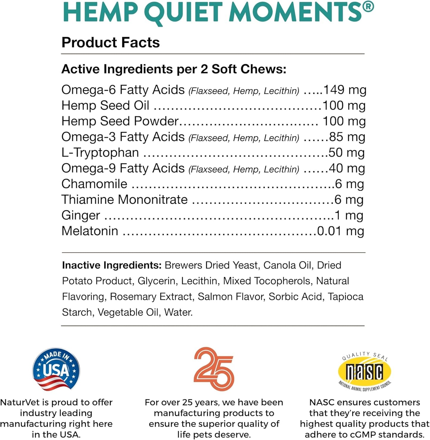 NaturVet Hemp Quiet Moments Plus Hemp Seed for Cats, 60 ct Soft Chews, Made in USA