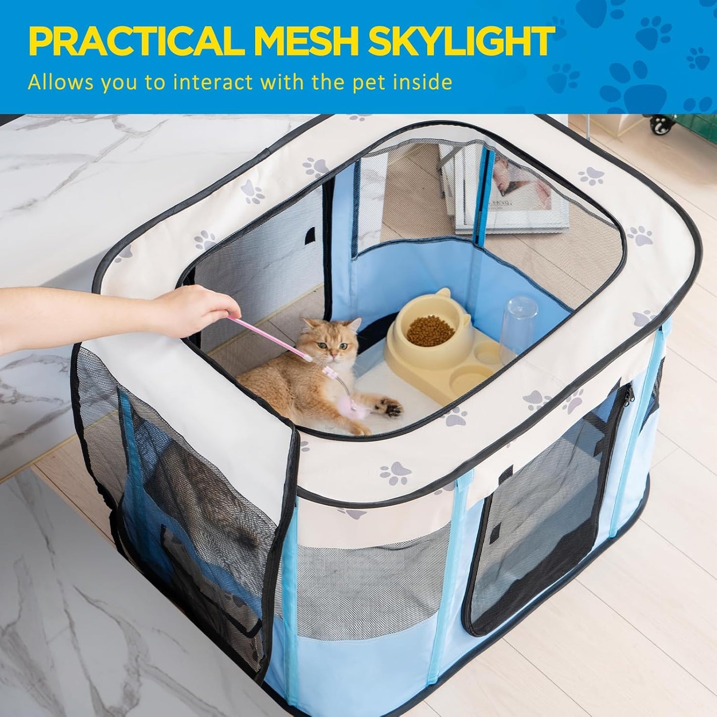 Avont Portable Dog Cat Playpen, Foldable Pop Up Pet Play Pen Travel Crate with Floor and Mesh Door Top for Indoor Outdoor Collapsible Tent Cage -S, Blue