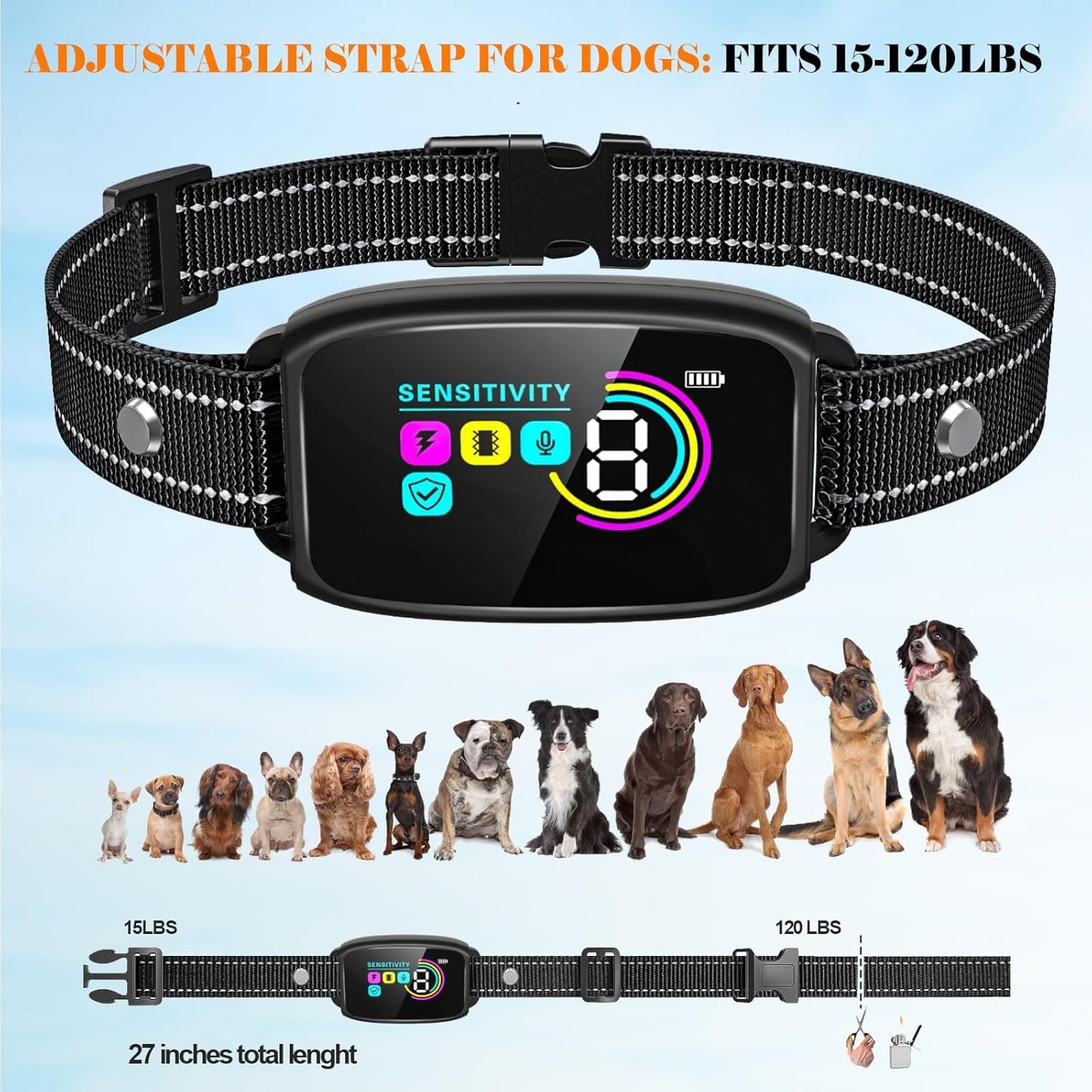 PZCC Anti Bark Collars for Dogs 8-120lbs - IP67 Waterproof Bark Collar with LCD
