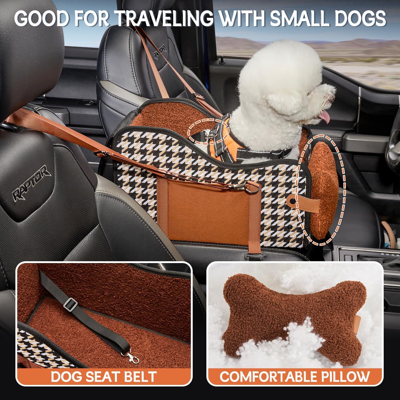 CAVOYO Dog Car Seat for Small Dogs, 2-in-1 Convertible Pet Carrier & Car Console Organizer, Waterproof Puppy Travel Seat with Safety Strap, Easy Clean for Cars, Trucks