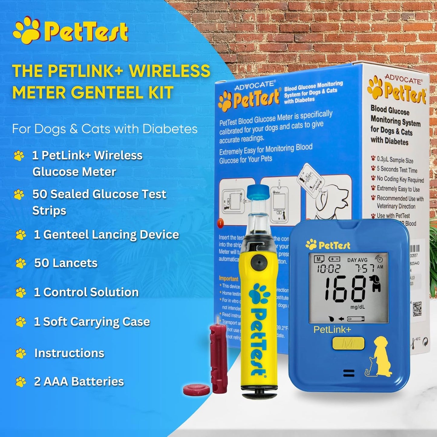 PetTest Painless Glucose Monitoring Kit for Dogs & Cats, Diabetic Pet Blood Sugar Check Gear, Includes Wireless PetLink+ Meter, 50 Test Strips