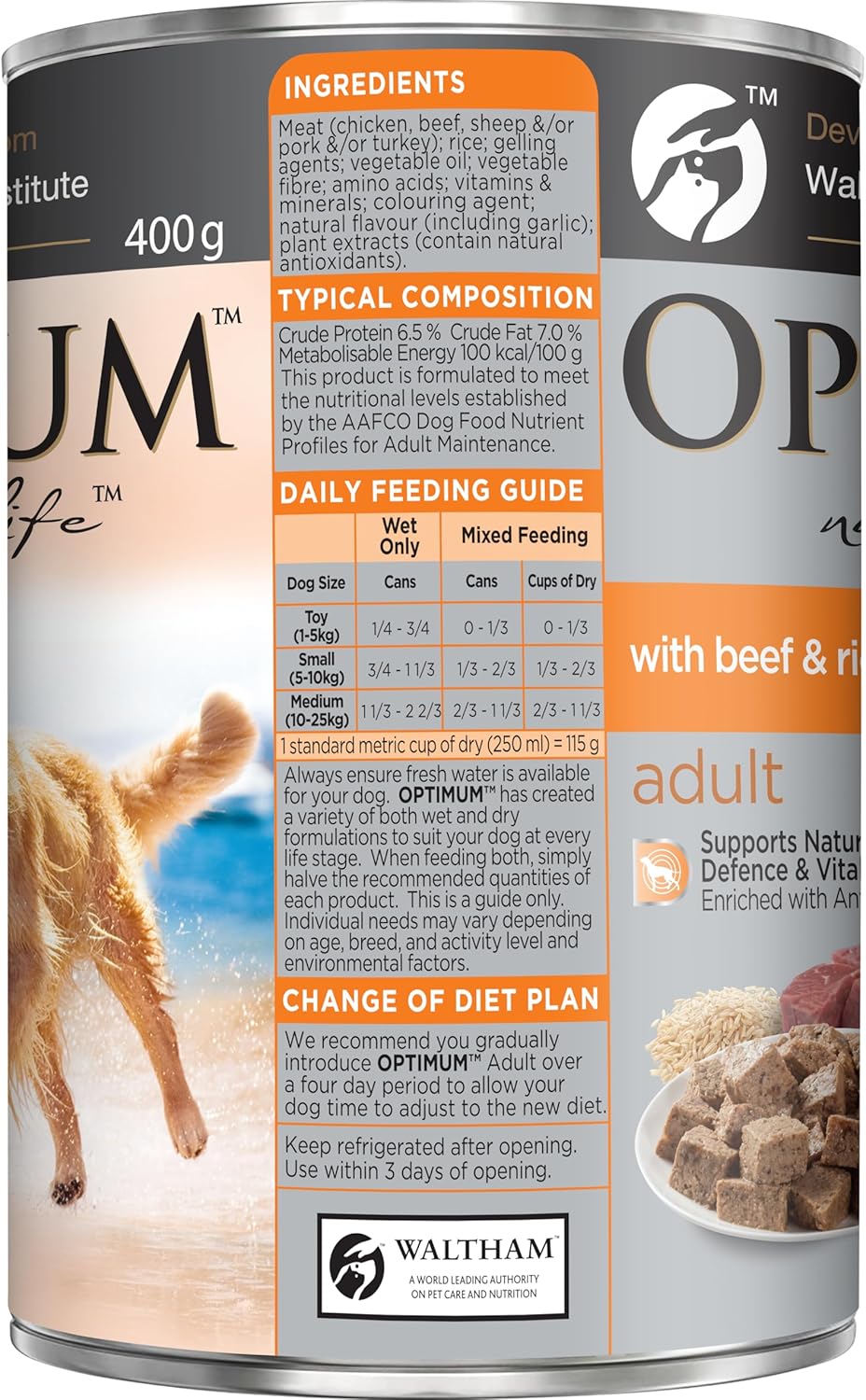 OPTIMUM DOG Beef and Rice Wet Dog Food, Adult, 400g Can (Pack of 24)