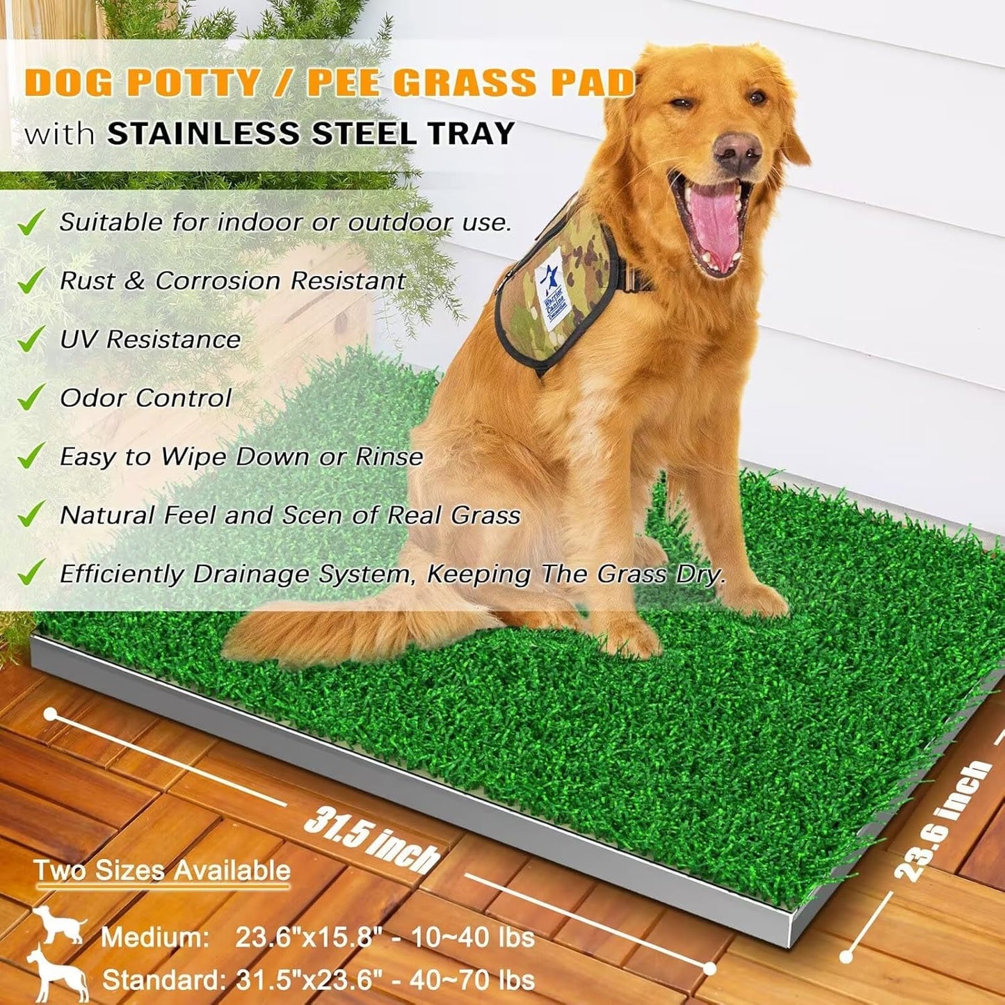 Stainless Steel Dog Grass Pad with Tray, Odor-Resistand & Easy to Clean Indoor/Outdoor Puppy Potty System,Durable Alternative to Plastic Dog Litter Box with Artificial Grass for Dogs Potty Training