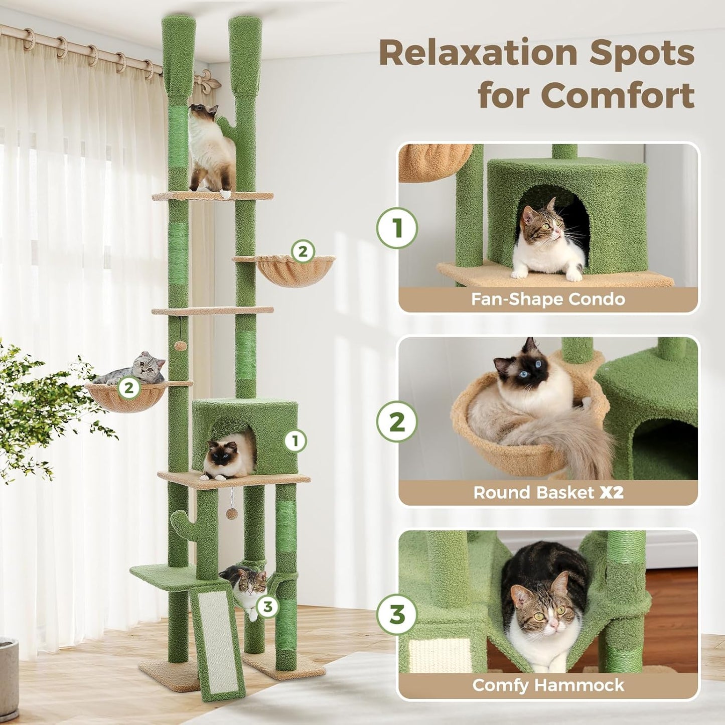 PAWZ Road Cactus Cat Tree Floor to Ceiling Tower with Adjustable Height(216-285cm), 7 Tiers Climbing Activity Center Cozy Hammocks, 5 Platforms and Scratching Posts for Indoor Cats, Green