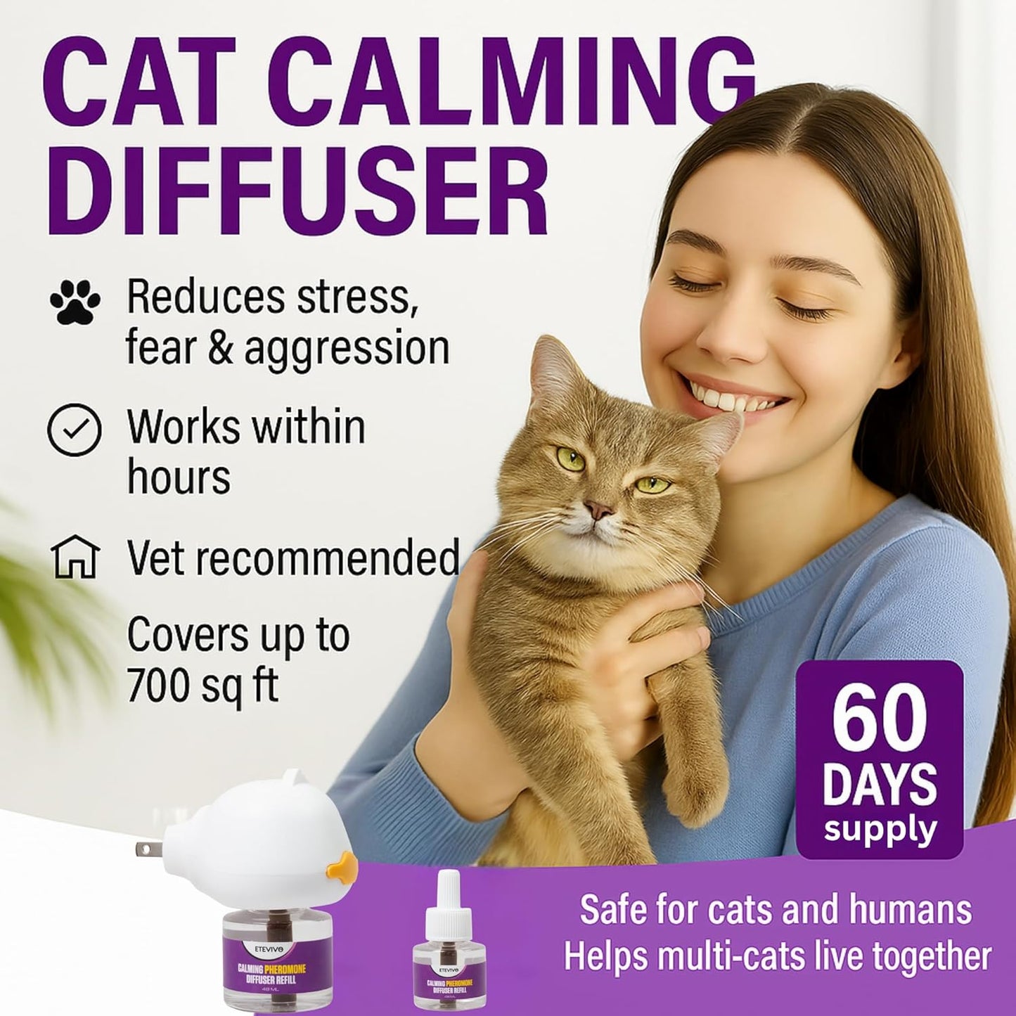 Cat Pheromones Calming Diffuser Cat Anxiety Relief Pheromones for Cats Promotes Well-Being & Comfort Cat Calming Diffuser with 2 Refills 60 Days Long Lasting Serenity