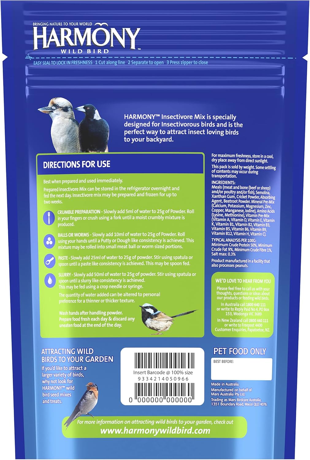 Harmony Insectivore Protein Bird Feed Mix, 1 Pack, 500 Grams