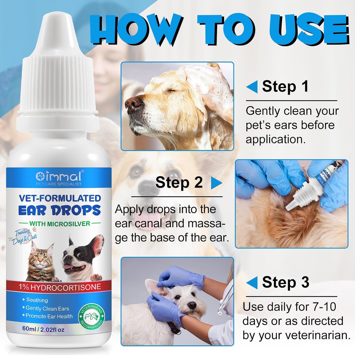 Dog Ear Infection Treatment, Natural Dog Ear Drops Liquid, Antiseptic Ear Cleaner for Dog & Cat, Dog Ear Care for Itchy Relief, Yeast Infection Treatment, Ear Mite Treatment for Dogs, 2.02fl.oz