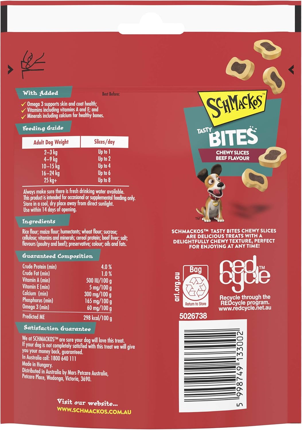 SCHMACKOS Tasty Bites Chewy Beef Dog Treats, Adult, 155g, 6 Pack