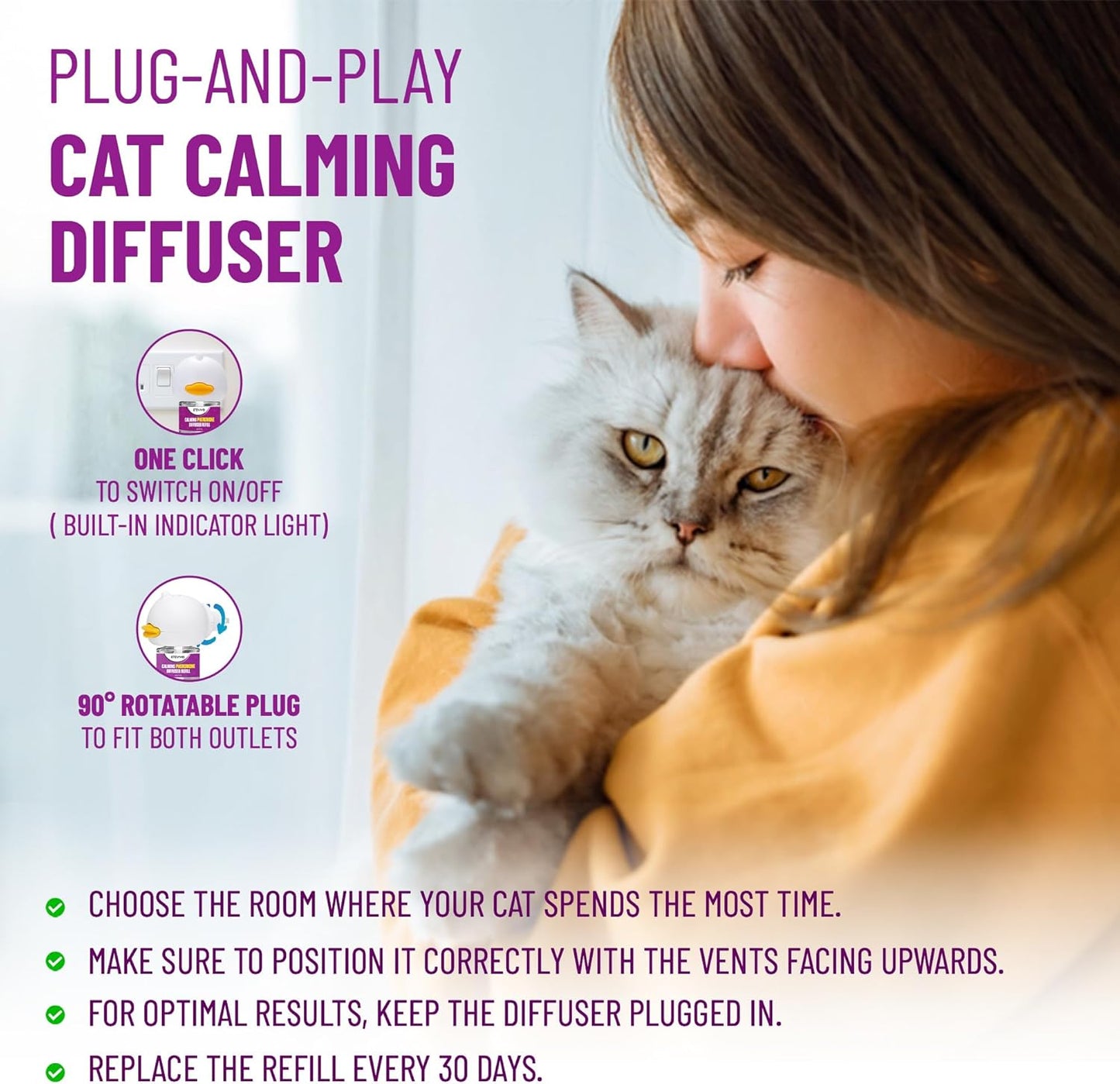 Cat Pheromones Calming Diffuser Cat Anxiety Relief Pheromones for Cats Promotes Well-Being & Comfort Cat Calming Diffuser with 2 Refills 60 Days Long Lasting Serenity