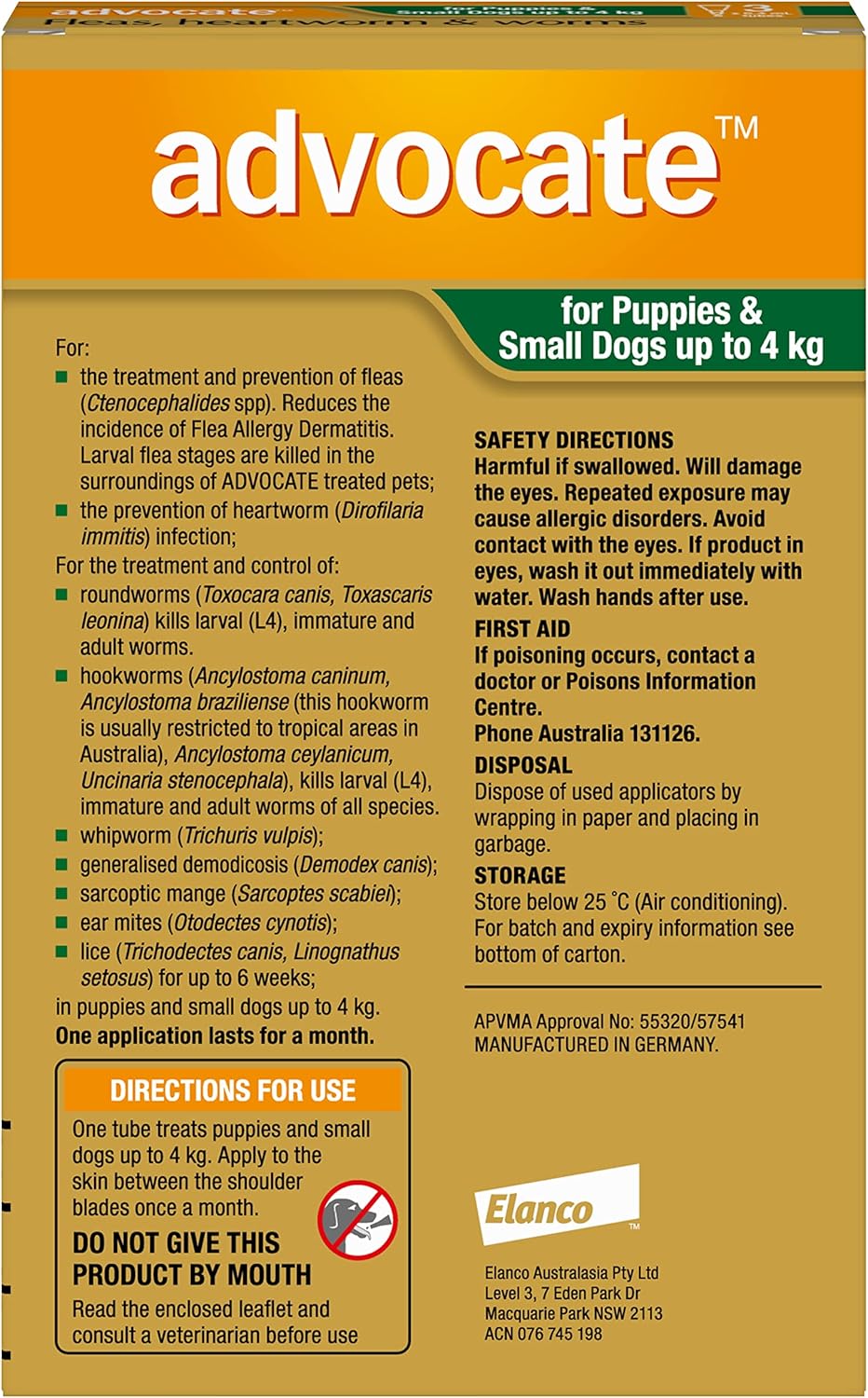 Advocate Dog, Monthly Spot-On Protection from Fleas, Heartworm & Worms, Three Pack Flea Treatment for Puppies & Small Dogs up to 4 kg, 3 Pack
