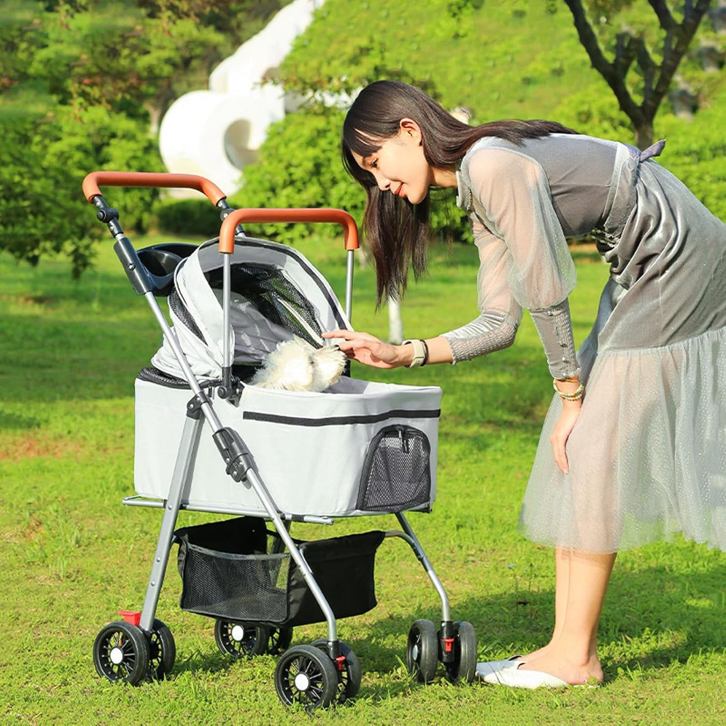 Pet Stroller with 4 Wheels, Foldable Pet Travel Carrier for Medium Small Dogs Cats
