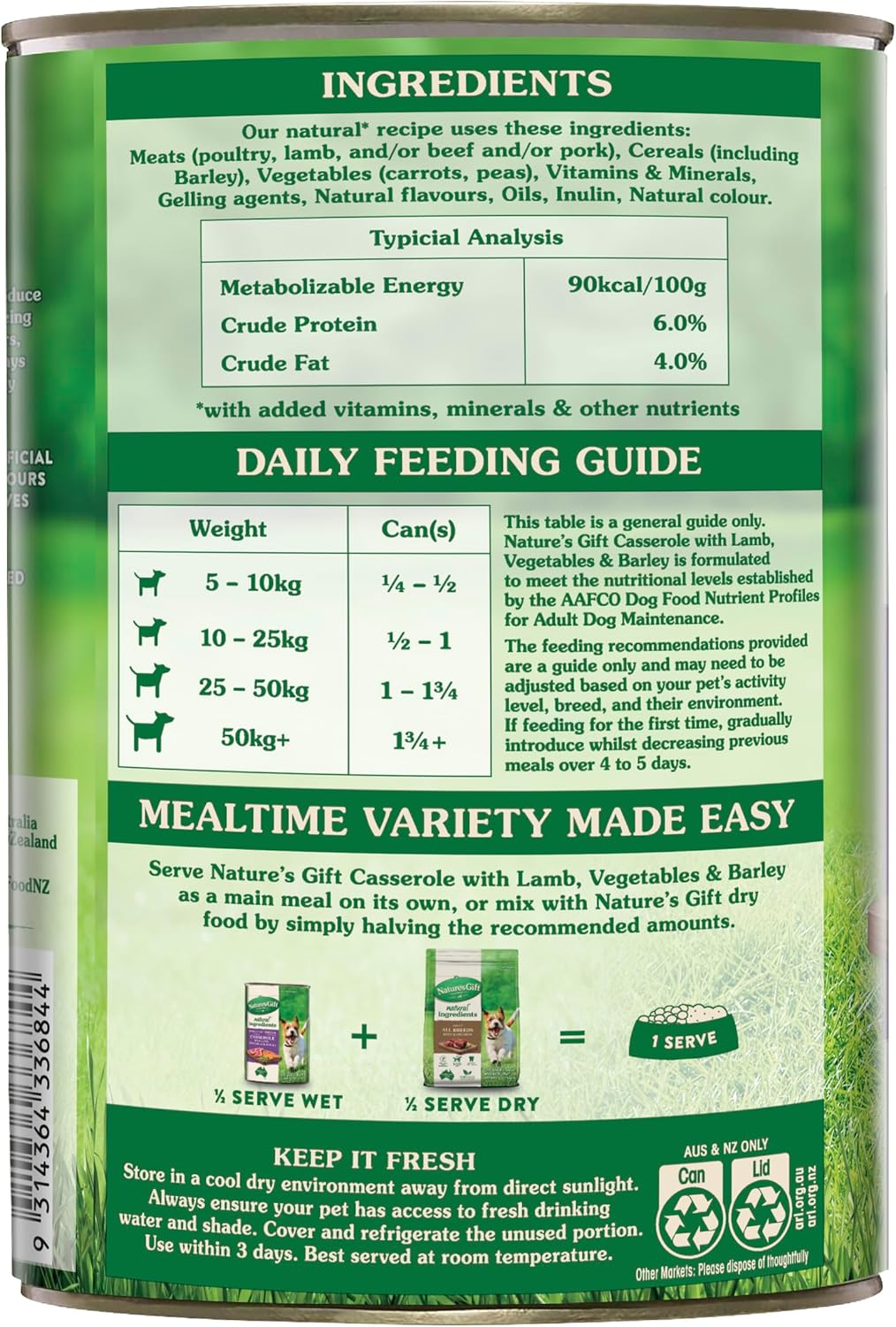 Nature's Gift Adult Wet Dog Food in Can, Casserole with Lamb, Vegetables & Barley 6x1.2Kg