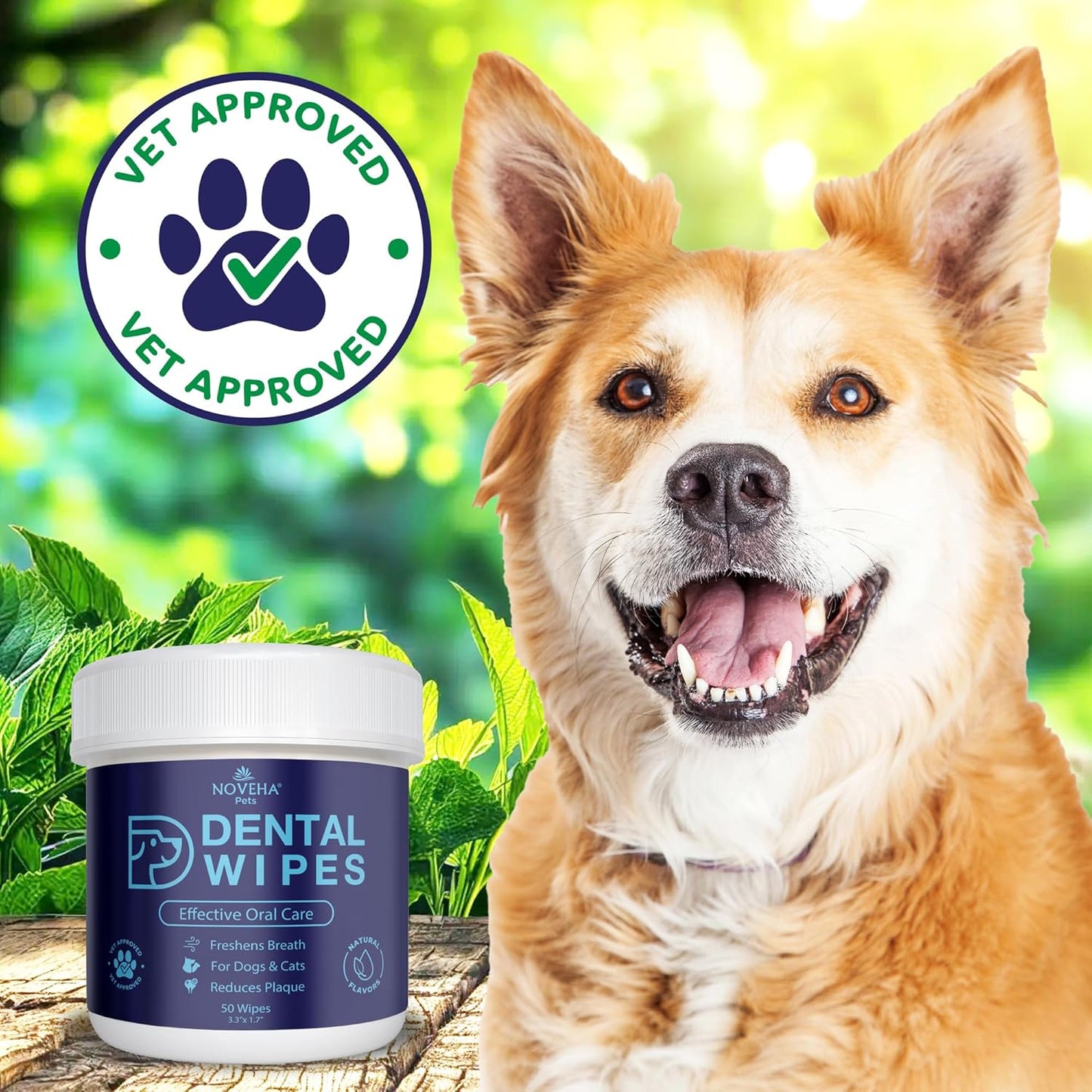 NOVEHA Pets Dental Finger Wipes for Dogs & Cats (50 pcs, Flavor-Free)